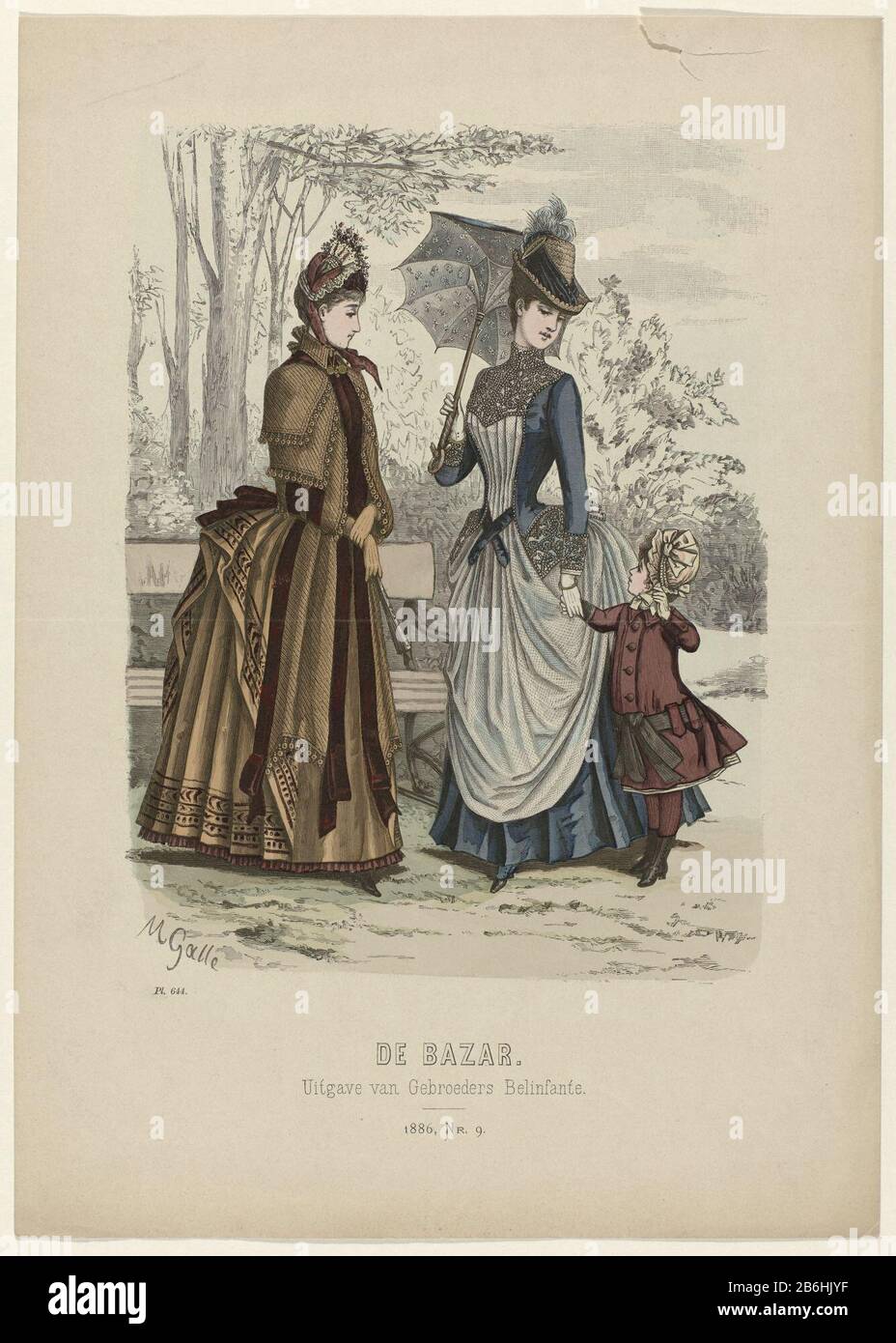 Bazar, 1886, No. 9, Pl 644 Stampa della rivista di moda, il bazar, illustrato Tijdschrift voor modi e mestieri (1857-1900) . Produttore : print maker: Anonymous publisher: Brothers Belinfante (indicato sull'oggetto) Luogo di produzione: The Hague Data: 1886 caratteristiche Fisiche: Legno engra, materiale colorato a mano: Carta Tecnica: Legno engra / misure colore mano: Foglio: H 382 mm × W 270 mm Oggetto: Moda piatti abito, abito (+ abbigliamento donna) Dove: 1886 - 1886 Foto Stock