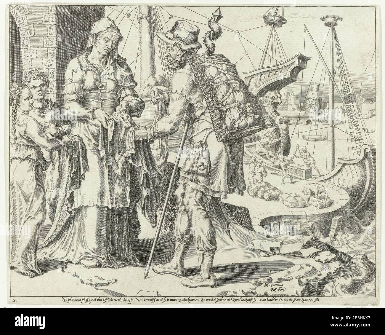 La donna Virtuosa vende i suoi prodotti Loda la Virtuosa Housewife (titolo della serie) La donna virtuosa sta vendendo i vestiti mercantili che ha fatto. Sullo sfondo una nave viene scaricata al molo. L'immagine si basa sui Proverbi 31:14: 'Come una nave mercantile che naviga verso terre lontane, lei ottiene da lontano ciò di cui hanno bisogno' e Proverbi 31:24: 'Produce vestiti e cinture, e che consegna ai commercianti. L'immagine ha un team tedesco ed è parte di una serie di stampa in sei parti che le attività della moglie virtuosa looft. Produttore : Printmaker: Dirck Volckertsz. Coornhert (indicato sull'oggetto) a d Foto Stock