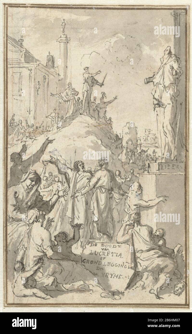 L'uccisione di Lucrezia o fondazione di libertà Boekillustratie Draft. Produttore : artista Jan Goeree Data: 1680 - 1731 caratteristiche Fisiche: Penna in nero, pennello in grigio, colore bianco del corpo, firma in gesso rosso materiale: Carta finitura vernice inchiostro gesso Tecnica: Dimensioni penna / pennello: H 142 mm × b 86 mmToelichtingontwerp per un libro illustrazione con il titolo: L'uccisione di Lucrezia o fondazione del Vrijheid. Oggetto: (Storia o) Lucrezia Foto Stock