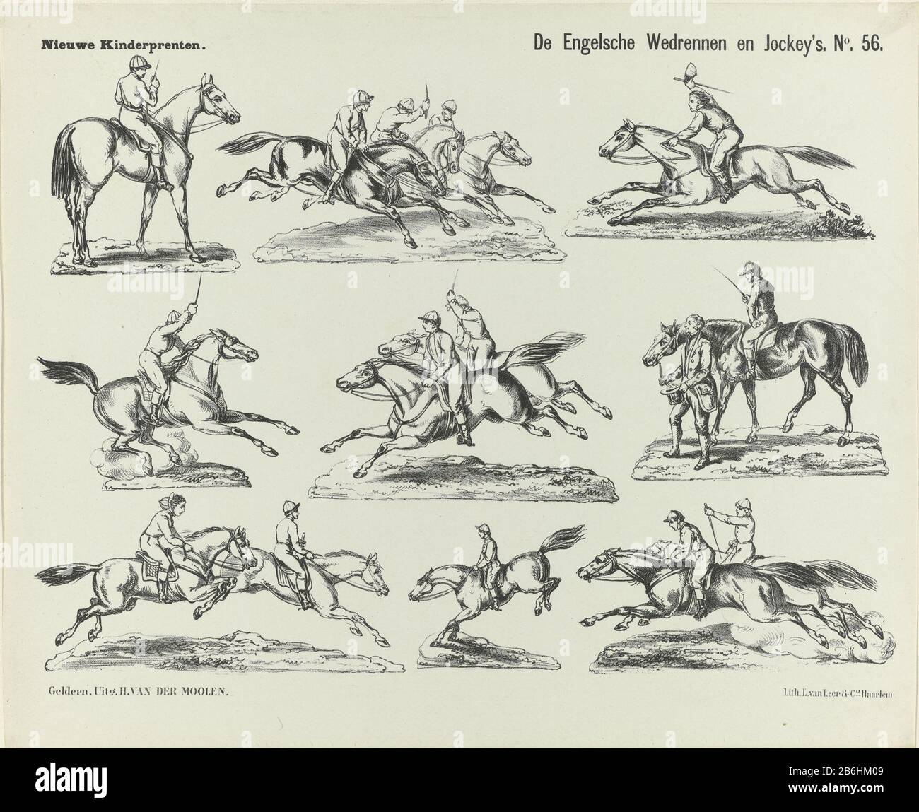 Le corse britanniche e i jockeys (oggetto del titolo) le stampe dei nuovi bambini (oggetto del titolo della serie) Leaf con nove spettacoli di jockeys a cavallo. Numerato in alto a destra: N. 56. Produttore : Editore: Hermann van der Moolen (edificio elencato) stampante L. cuoio & Co. (Edificio Elencato) stampatore: Anonimo produzione luogo: Editore: Gelder Editore: Haarlem dating: 1838 - 1892 caratteristiche Fisiche: Litografia e materiale di stampa testo: Tecnica della carta: Litografia (tecnica) / formati di stampa: Foglio: H 351 mm × W 428 mmToelichtingVan der Moolen Rose series' New Kids prints 'of the Haarlem publ Foto Stock