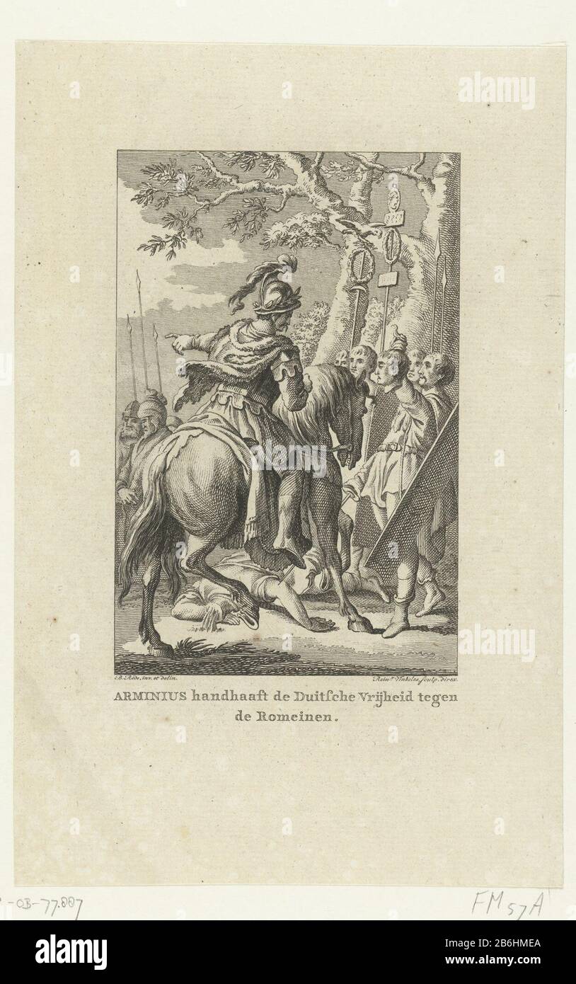 Il comandante germanico Arminius si oppose fermamente ai Romani, circa 10 Arminius mantiene la libertà tedesca contro i Romienen (oggetto del titolo) il comandante Arminius, capo della tribù dei Cherusci, la libertà dei tedeschi difendere contro i Romani intorno all'anno 10. Produttore : stampatore: Reinier Vinkeles (i) (edificio elencato) per disegnare da: Christian Bernhard Rode (edificio elencato) supervisione: Reinier Vinkeles (i) (edificio elencato) Luogo fabbricazione: Paesi Bassi Data: 1751 - 1799 caratteristiche Fisiche: Materiale di incisione: Tecnica della carta: Dimensioni di incisione: H 209 mm (carta) × b Foto Stock