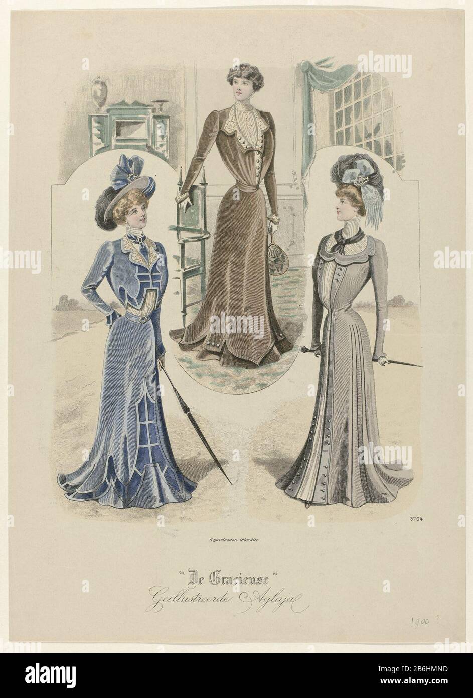 Tre abiti pomeridiani. Stampa dalla rivista di moda, il Gracieuse (1865-1936) . Produttore : stampatore: Anonymous date: Appross. 1900 caratteristiche Fisiche: Engra, mano-colorato materiale: Carta Tecnica: Engra (processo di stampa) / mano-colore misure: Foglio: H 372 mm × b 269 ​​mm Oggetto: Moda piatti abito, abito (+ abbigliamento donna) bastone da passeggio, bastone, bastone, canna (+ abbigliamento donna) testa: Cappello (+ abiti da donna) Quando: 1900 - 1900 Foto Stock