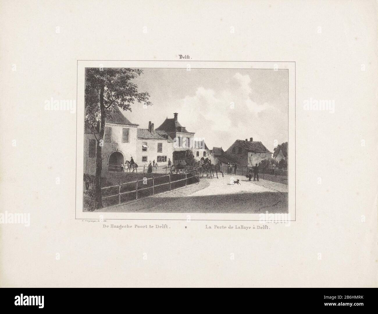 La porta de l'Aia di Delft Si Affaccia sulle città Nederlandsche (titolo della serie) UNA carrozza con quattro cavalli che arrivano sulla strada hit al cancello. La strada attraversa l'acqua. Produttore : tipografo: Gijsbertus Craeyvanger (edificio elencato) stampante: Desguerrois & Co. (Proprietà Quotata) Luogo fabbricazione: Stampatore: Olanda Editore: Amsterdam Data: 1820 - 1895 caratteristiche Fisiche: Litografia materiale: Tecnica della carta: Litografia (tecnica) dimensioni: Foglio: H 275 mm × W 350 mm Oggetto: city gate (+ città (-paesaggio) con cifre, personale) trasporto passeggeri Foto Stock