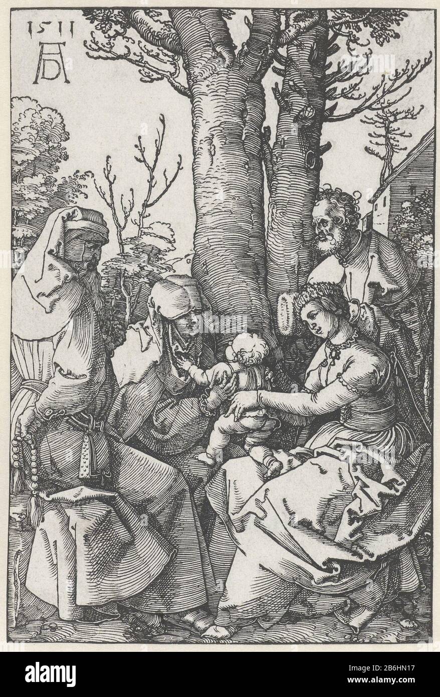 Maria siede con Anna a due alberi che giocano con il Cristo Bambino. Giuseppe sta dietro Maria, Joachim's per Anna. Produttore : stampatore Albrecht Dürer (proprietà in elenco) Luogo di fabbricazione: Norimberga Data: 1511 caratteristiche Fisiche: Legno materiale: Carta Tecnica: Legno dimensioni: Immagine: H 234 mm × W 157 mm Oggetto 'Anna selbdritt ' con Joseph Joachim e presente Foto Stock