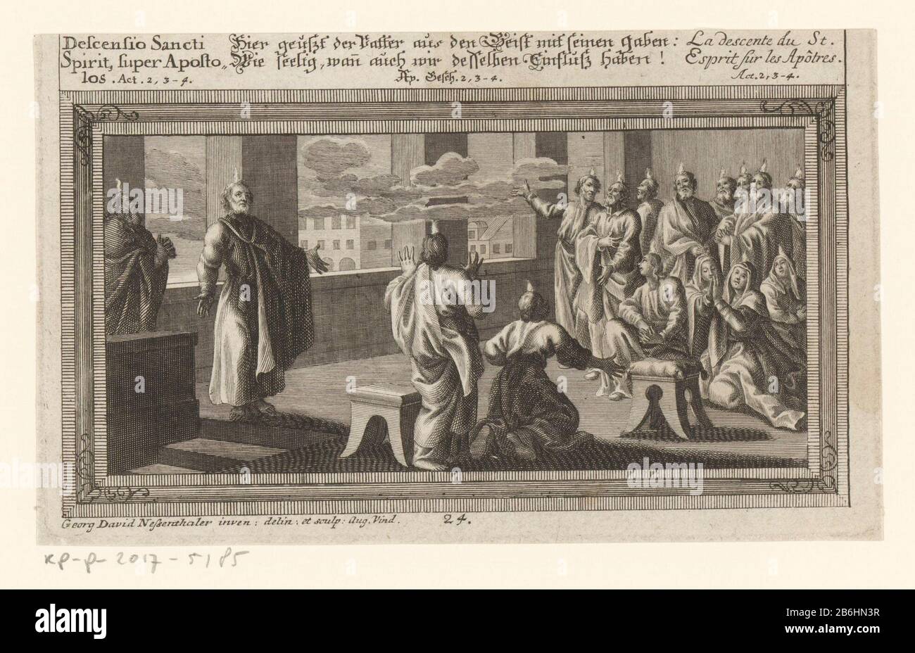Lo Spirito Santo discende sugli apostoli su quando erano credenti riuniti in una casa Dove: Quando venne il suono di un grande vento e si accese le fiamme sopra le teste di quelli attuali, a volte. Produttore : stampatore: Georg David Ness Thaler (edificio elencato) Datato: 1705 - 1736 Materiale: Carta Tecnica: Engra (processo di stampa) dimensioni: Foglio: H 130 mm (in alto tagliato nella flangia) bordo della lastra b 214 mm Oggetto: Pentecoste: Lo Spirito Santo discende su (Maria e) gli apostoli, a volte Paolo e/o i rappresentanti delle nazioni presenti (atti 2, 1-4) Foto Stock