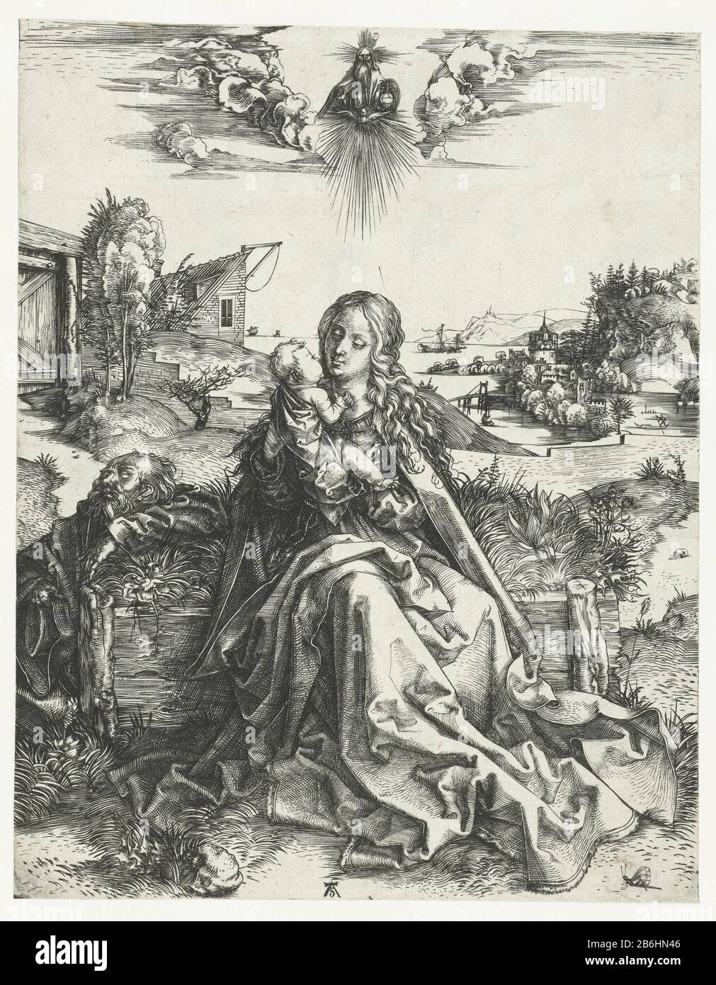 La Sacra Famiglia con la libellula Maria siede su una recinzione di legno sul braccio il figlio di Cristo. Accanto a loro è Giuseppe a dormire. Per l'orlo del vestito di Maria una libellula a terra. Sopra di loro nel cielo, e Dio Spirito Santo sotto forma di colomba. Sullo sfondo alcune case e una torre con un kust. Produttore : printmaker Albrecht Dürer (Proprietà elencata) Luogo di produzione: Norimberga Data: 1493 - 1497 caratteristiche Fisiche: Materiale dell'automobile: Carta Tecnica: Engra (processo di stampa) dimensioni: Foglio: H 236 mm × b 186 mmToelichtingMogelijk ha avuto questo post originariamente il numero di inventario RP-P-1877 Foto Stock