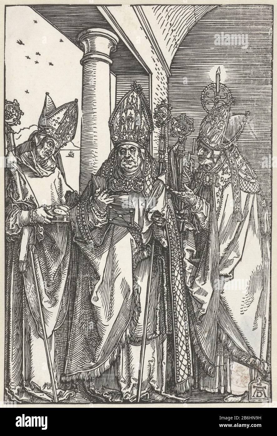 San Nicola, Ulrich of Augsburg e Erasmus il San Nicola, Ulrich of Augsburg e Erasmus sono allineati in una stanza in un pilastro, dove: Vedere dietro una baia. Sono tutti vestiti come bisschop. Produttore : stampatore Albrecht Dürer (proprietà in elenco) Luogo di fabbricazione: Norimberga Data: 1503 - 1507 caratteristiche Fisiche: Legno tagliato materiale: Carta Tecnica: Legno tagliato dimensioni: Immagine: H 211 mm × W 142 mm Oggetto: Il martire Erasmus (Elmo ), vescovo o Formiae; attributi possibili: Barca, argano, chiodi di carpentiere sotto le unghie delle unghie, il calderone, il vetro con entrailsthe vescovo Nicholas o Myra (o Bari) Foto Stock