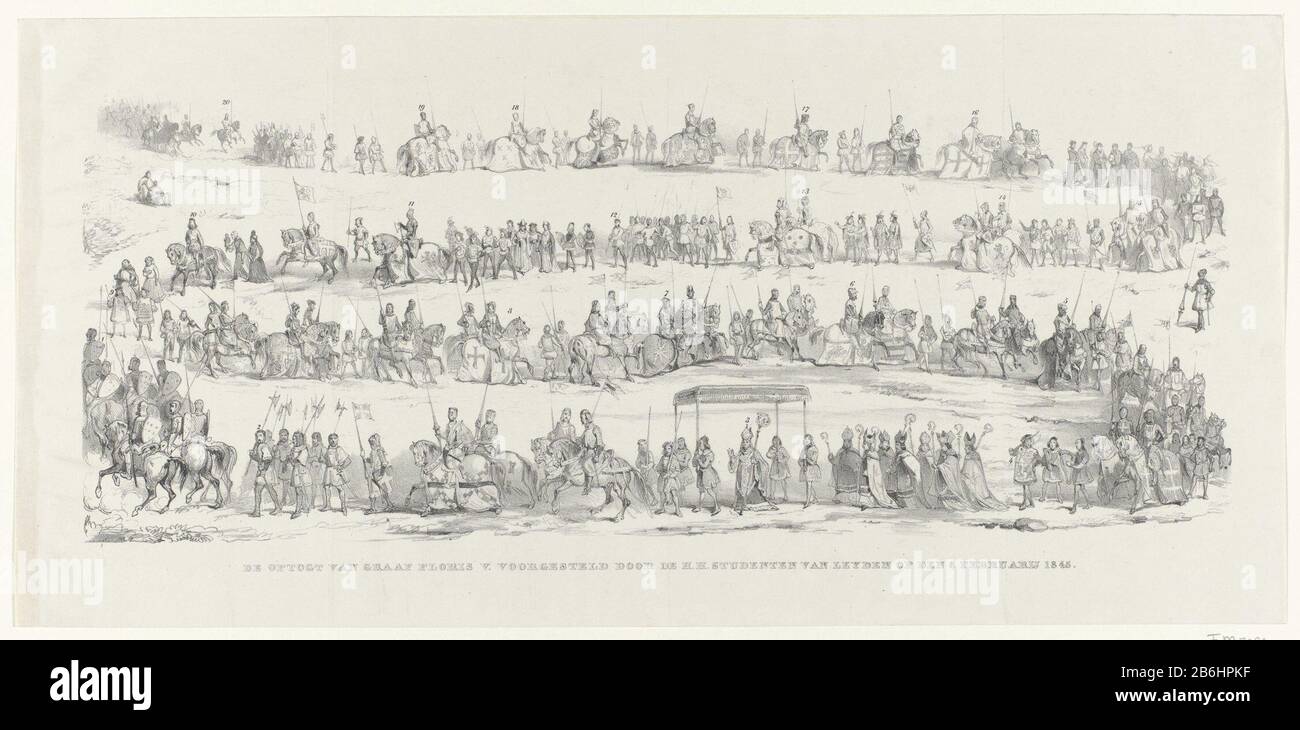 La processione del conte Floris V HH rappresentata dagli Studenti di Leyden il 8th febbraio 1845 (oggetto titolo) Un corteo in costume con Floris V con soli cavalieri di San Jacobs picchiati a lui dalla cornice dell'ordine dato torneo all'Aia nel 1279. Gli studenti del corpo studentesco di Leiden l'8 febbraio 1845 per celebrare il 270th anniversario dell'Università di Leiden. Il corteo raffigurato in quattro file una sopra l'altra, componenti numerati 1-20. Produttore : Print maker: Anonimo (indicato sull'oggetto) Button: Hilmar Johannes Backer Publisher: C.a. di Immerseelstraat Mo Foto Stock