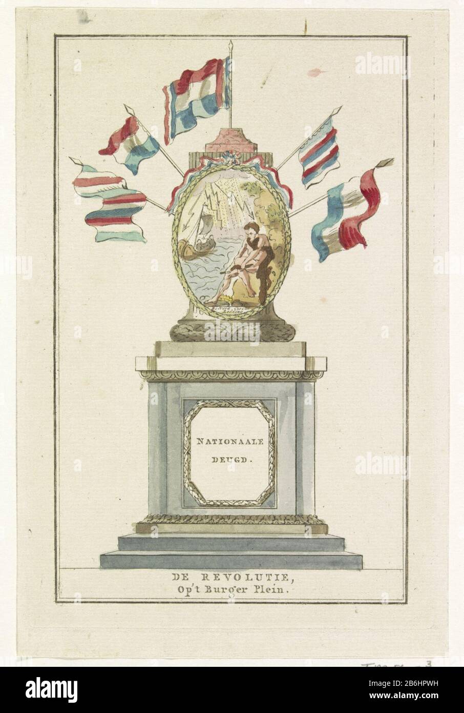 Rivoluzione, decorazioni su Place Royale, Rivoluzione 1795, Piazza Civica Op 't (oggetto titolo) Rivoluzione, decorazioni allegoriche eretto sulla piazza di Amsterdam. Ercole rompe il giogo del governo aristocratico. Dal libro con immagini delle decorazioni create in città per celebrare l'installazione dei rappresentanti e l'alleanza conclusa tra i francesi e la Repubblica Batava, il 19 giugno 1795. La stampa appartiene a una pagina libera uitleg. Produttore : printmaker : Noach van der Meer (II) è (possibilmente) Luogo di produzione: The Netherlands Data: 1795 Charact Fisico Foto Stock