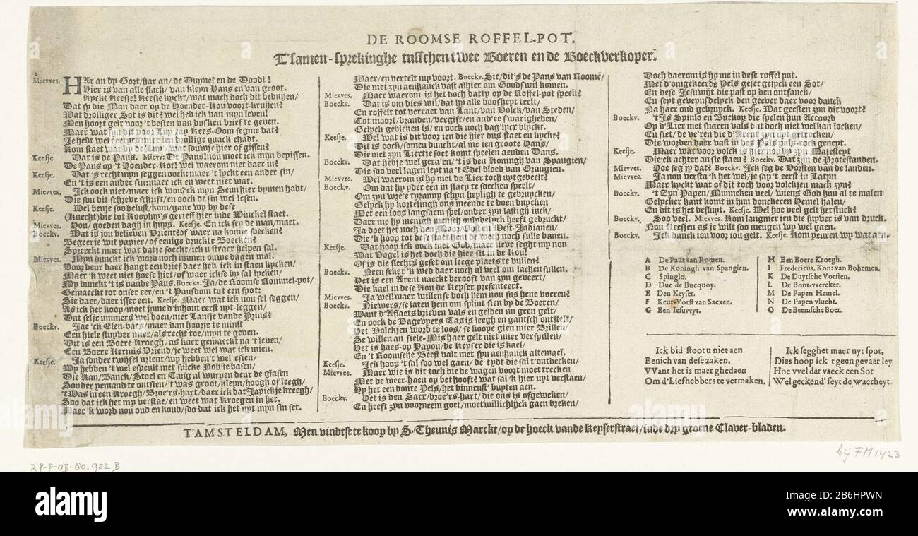 The Roman Roffel-Pot (oggetto del titolo) Text Journal associato alla stampa il roffelpot romano. Cartone animato sulle perdite del Papa e dell'imperatore tedesco Ferdinando II e sui vantaggi di Federico, Re di Boemia. Los textpage con samenspreking tra due agricoltori e un libraio, e la leggenda AO in tre colonne nella Nederlands. Produttore : Editore: Anonimo luogo fabbricazione: Amsterdam Data: 1620 caratteristiche Fisiche: Testo materiale di stampa: Carta Tecnica: Letterpress dimensioni: Foglio: H 178 mm × W 351 mm Oggetto: Rivolta in Boemia Quando: 1620 - 1620Wie: Frederik V (Elector pala Foto Stock