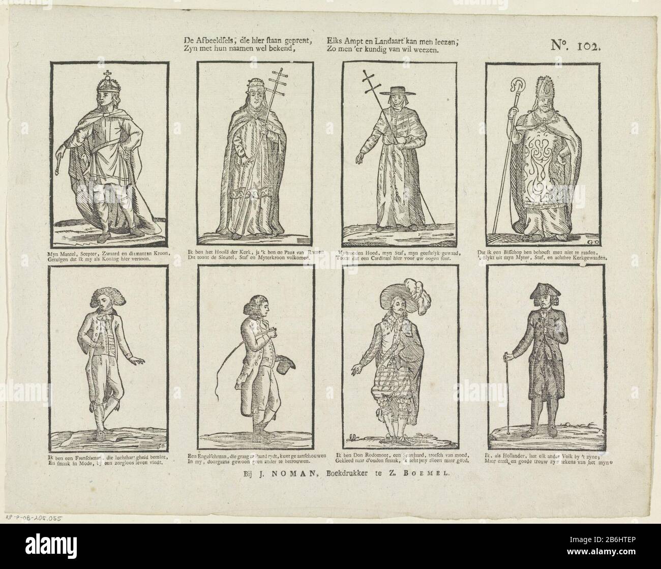Le cozze, Che sono qui in rilievo, Zyn nomi evento con il loro noto, Elks ampt e arco di terra con Leezen Così, si può 'r er abilmente da vuole orfani (oggetto titolo) foglio con 8 rappresentazioni di un re, un Papa, un cardinale, un vescovo, un francese, un inglese, uno spagnolo e un olandese. Sotto ogni immagine un verso a due linee. Numerato in alto a destra: N. 102. Produttore : printmaker Gerrit Oortman (listed building) Editore: Johan Noman (listed property) Prodotto Del Luogo: Printmaker: Netherlands Editore: Zaltbommel Data: 1806 - 1830 caratteristiche Fisiche: Woodcut and text printing materia Foto Stock