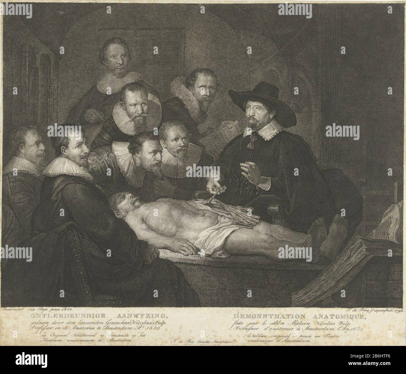La lezione di anatomia del Dr Nicolaes Tulp Decompose Protection Aanwyzing dimostrazione Anatomique (oggetto del titolo) ritratto di gruppo dei chirurghi di Amsterdam in una lezione di anatomia. Gli uomini sedevano e si alzavano attorno ad un tavolo sul quale un cadavere. Dr. Nicolaes Tulp Insegna. Ha il braccio del corpo esposto e tenendo un paio di pinze con un fascio di muscoli del braccio, mentre sta facendo una mano che dimostra un gesto con l'altro. Oltre a Tulp consentire i chirurghi Jacob Blok, Hartman Hartmansz., Adraen Slabran, Jacob de Witt, Mathijs turchia, Jacob Kool Voorvelt e Frans van Loenen raffigurato. Didascalia Foto Stock
