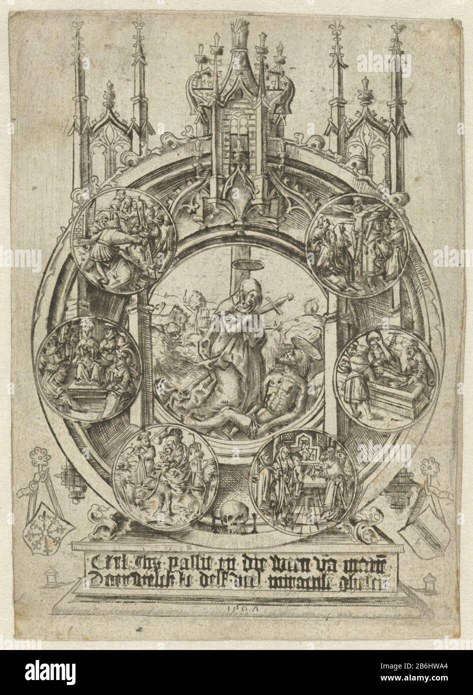 La Lamentazione di Cristo in un santuario con sei scene diverse dalla vita del santuario gotico di Cristo con sei rappresentazioni in circoli circondata da una rappresentazione di Maria con un cuore pesante piange morto-Cristo. Sei spettacoli in circoli sono: Crocifissione, tumulazione, Presentazione nel Tempio, volo in Egitto, Cristo di dodici anni nel tempio e Calvario. Sulle basi santuario è testo. Sinistra e destra appendere due armi. Braccio destro di Delft. Sinistra: Arma altra stad. Produttore : printmaker Master II skull (property listed property) Prodotto Del Luogo: Olanda Data: 1507 caratteristiche Fisiche: Engra, pen Foto Stock