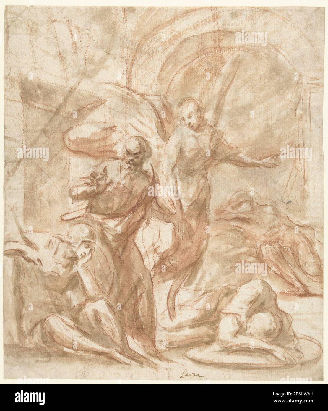 La liberazione di Pietro dalla prigione la liberazione di Pietro dalla prigione tipo oggetto: Disegno numero Oggetto: RP-T-1967-107 (R) fabbricazione Creatore: Artista Federico Panza Data: 1653 - 1703 caratteristiche Fisiche: Pennello in marrone, gesso rosso materiale: Carta gesso tecnologia : dimensioni spazzola: H 255 mm × W 218 mm Oggetto: L'angelo Pietro passa davanti alla guardia del sonno e a destra Foto Stock