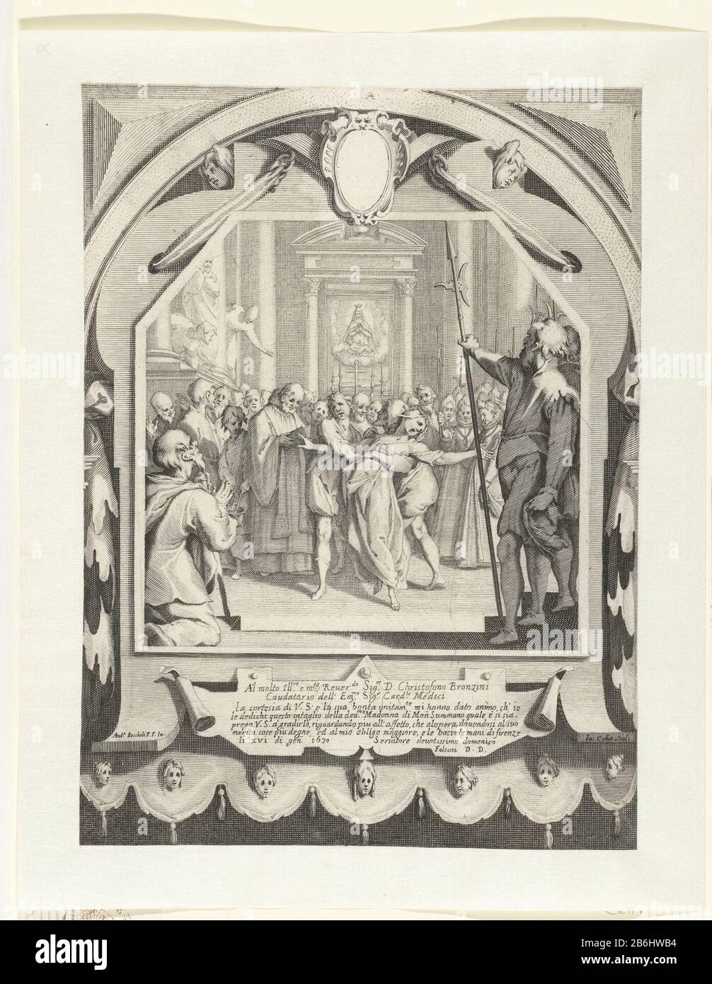 La Presentazione posseduta di una donna posseduta ha trattenuto in una stanza della chiesa da due uomini mentre un sacerdote per lei da un libro, in modo da i demoni fuori dal suo azionamento. Guardare questi quattro personaggi sono indietro molti uomini e donne. Questa scena viene catturata in una cornice decorativa. Giù un cartouche con tekst italiano. Produttore : stampatore Jacques Callot (edificio listato), disegnato da Andrea Boscoli (edificio listato) commissionato da: Domenico Falcini (proprietà listata) assegnato a: Cristofano Allori (proprietà listata) Luogo fabbricazione: Firenze Data: 1615 - 1616 e / o 1630 caratteristiche Fisiche: Materiale vettura: PAP Foto Stock