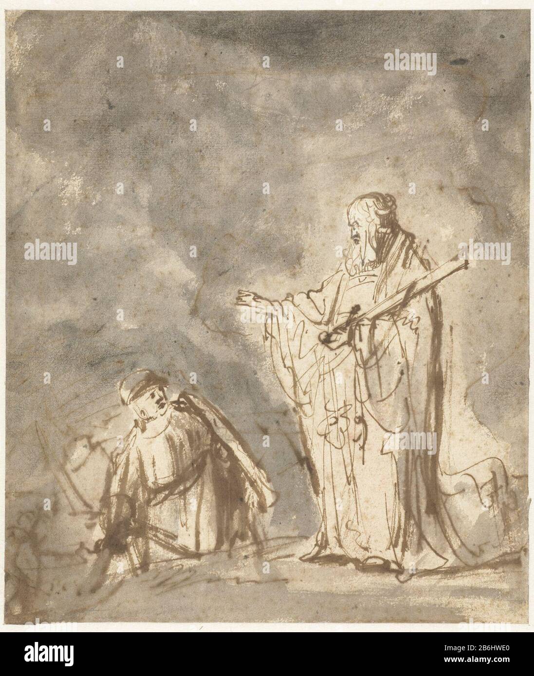 Il messaggero di Dio appare a Giosuè il messaggero di Dio appare a Giosuè Oggetto tipo: Disegno Numero Oggetto: RP-T 1930-7 Produttore : artista: Ferdinand Bol datazione: 1640 - 1645 caratteristiche Fisiche: Penna in inchiostro marrone, pennello e grigio materiale: Carta inchiostro tecnologia: Penna / pennello dimensioni: H 214 mm × L 182 mm Foto Stock