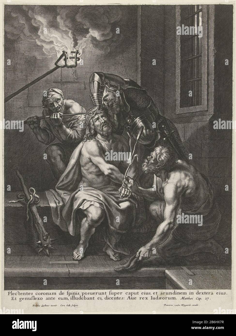 Il coronamento con spine Cristo è in prigione e due carnefici gli posero la corona di spine. Un uomo in armatura preme bene la corona. Un altro uomo che mostra a Cristo una canna. Sotto l'immagine di un Math della Bibbia Latina. 27. Produttore : stampatore Cornelis Galle (i) (edificio elencato), progettato da Erasmus Quellinus (II) (edificio elencato) Editore: Frans van den WijngaerdePlaats fabbricante: H 384 mm × W 290 mm Oggetto: Coronamento con spine: i soldati con bastoni piazzano un thor Foto Stock