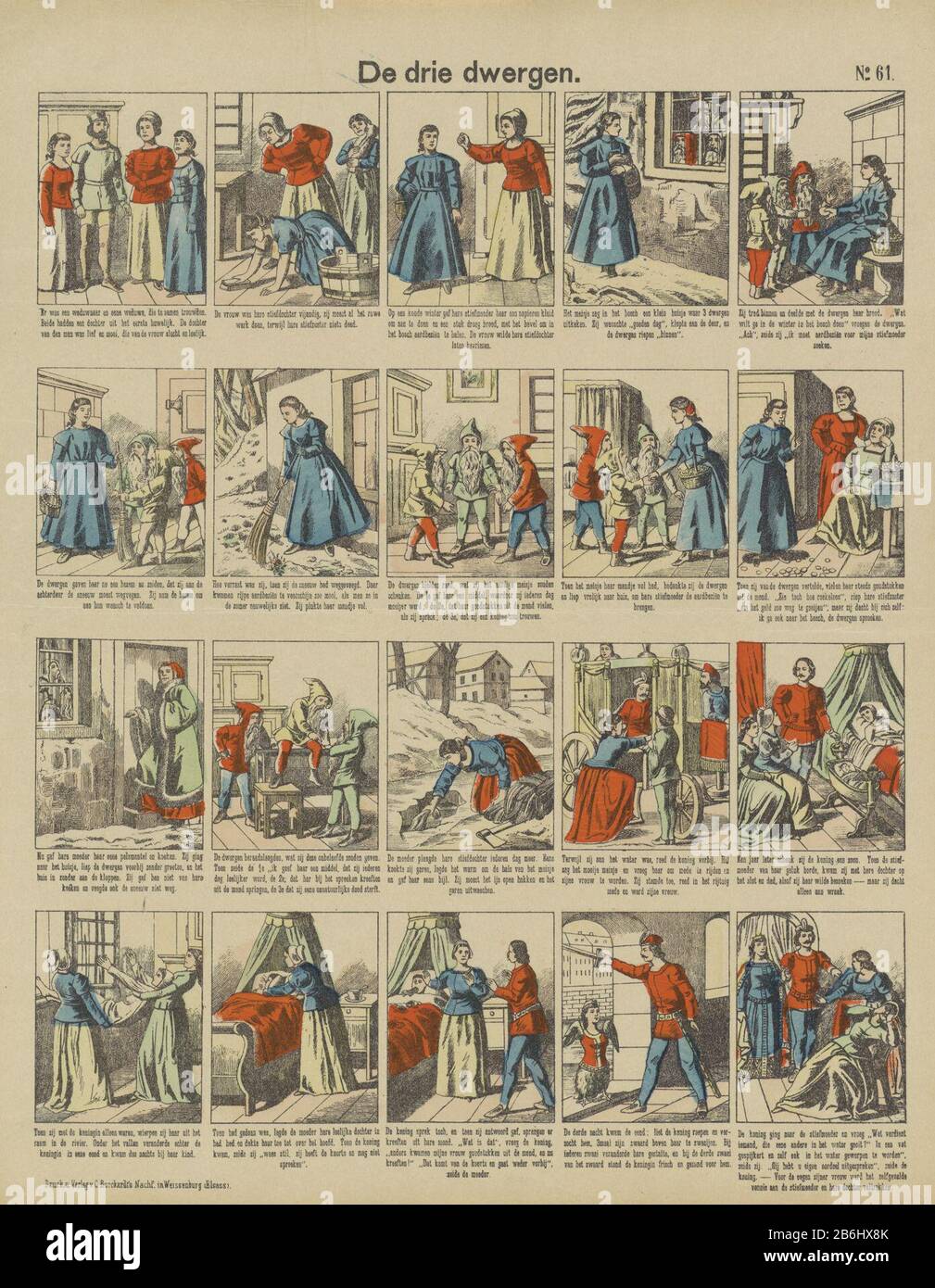 I tre nani (oggetto titolo) foglia con 20 scene dal racconto dei tre nani. Sotto ogni immagine per una didascalia. Numerato in alto a destra: N. 61. Produttore : editore: Successori Charles Burckhardt (edificio elencato) printmaker: Anonymous place manufacturing: Wissembourg Dating: CA. 1889 - ca. 1906 caratteristiche Fisiche: Litografia a mano colorata in rosso, blu, giallo e verde; testo materiale di stampa: Carta Tecnica: Litografia (tecnica) / colore della mano / formati di stampa: Foglio: H 429 mm × W 336 mm Soggetto: Storie e nane delle fate Foto Stock
