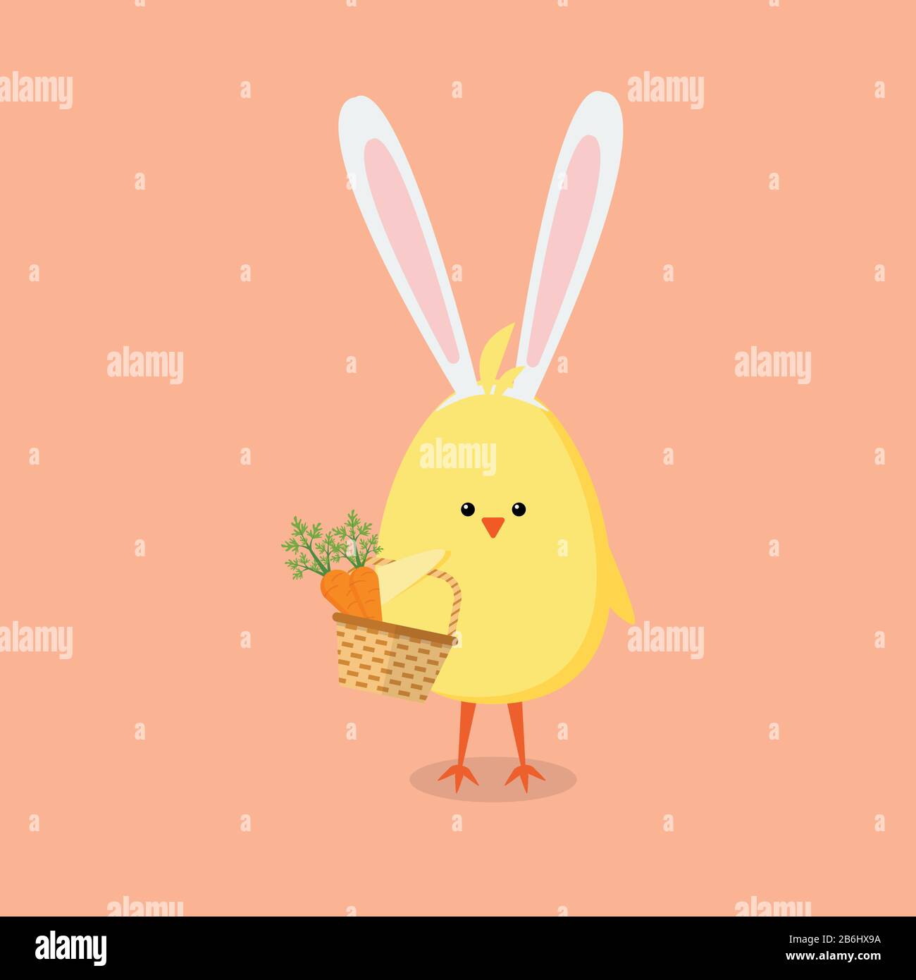 Pulcino del bambino che tiene un cestino con le carote. Felice concetto di Pasqua Illustrazione Vettoriale