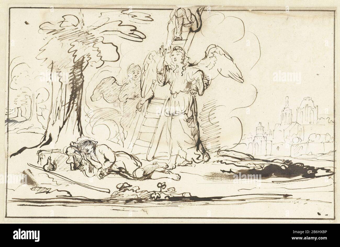 Storie della Bibbia da sogno di Jacob per l'album di Mathias Balen (titolo della serie) The Dream of Jacob Stories for album of Mathias Balen (titolo della serie) Property Type: Drawing Serial: / 12Objectnummer: RP-T 1957-160 Manufacturer : artist: Nicolaes Maes Date: 1650 - 1660 Physical features: Penna reed in marrone , pennello in marrone, bianco dekverf Materiale: Carta finitura vernice inchiostro Tecnica: Penna / pennello dimensioni: H 206 mm × W 318 mmToelichtingAfkomstig album di Matthijs balle di disegni sciolti di Nicolaes Maes. Oggetto: Il sogno di Giacobbe: Mentre dormi a terra con una pietra per il cuscino Giacobbe vede Foto Stock