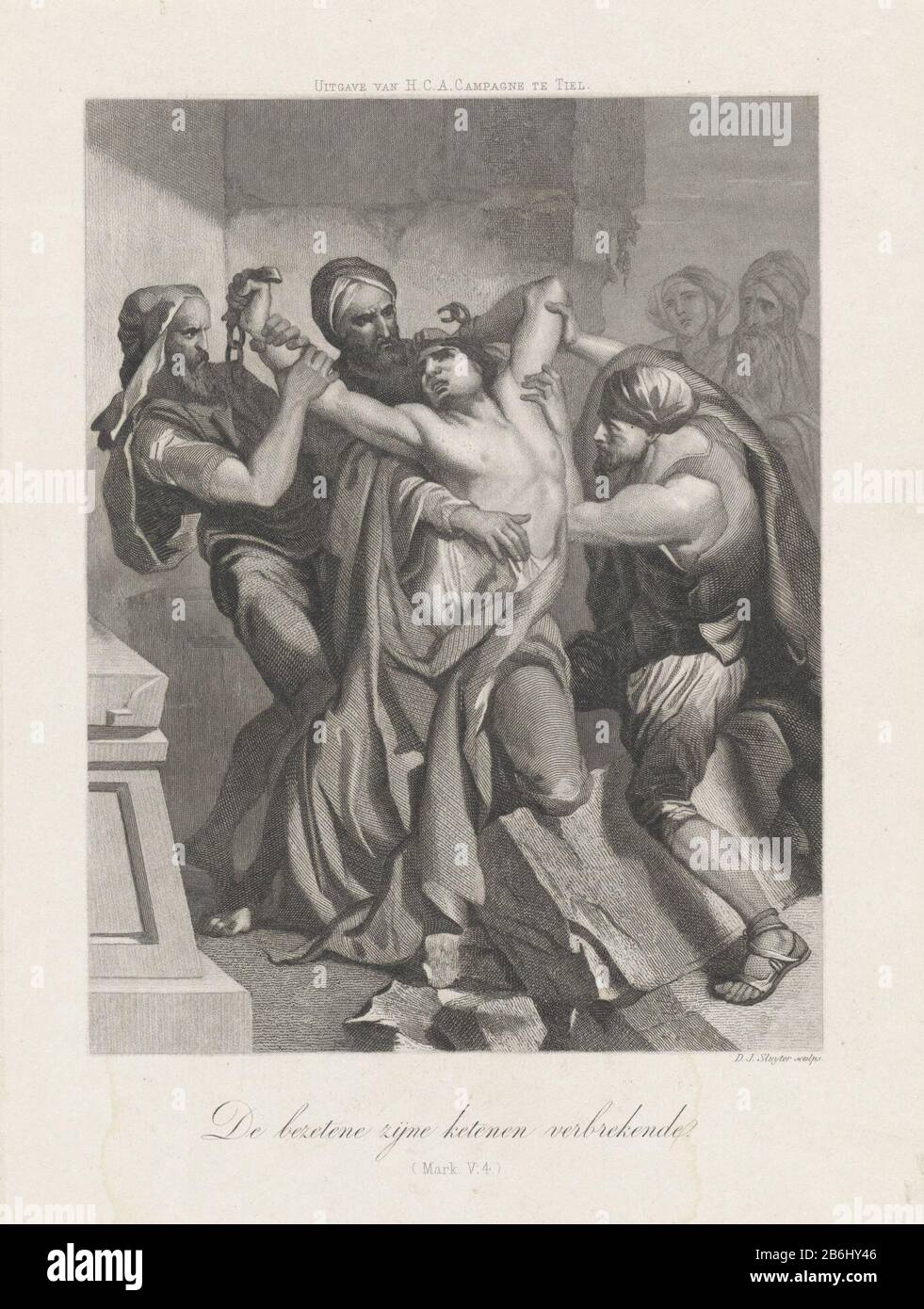 La guarigione dei posseduti nella terra dei Gadareni possedeva le sue catene sconvolgente (oggetto del titolo) Tre uomini cercano di tenere sotto controllo anche la folle, che spezzò le catene. Sullo sfondo, guardando un vecchio e una donna a (Marco 5, 4.) . Produttore : printmaker Dirk Jurriaan Sluyter (listed building) editore: H.C.A. Campagna (indicata sull'oggetto) Luogo di produzione: Print maker: Amsterdam Editore: Tiel Data: 1863 - 1866 caratteristiche Fisiche: Aqua Tint, etching e acciaio engra materiale: Carta Tecnica: Aqua hue / etch / acciaio engra dimensioni: Foglio: H 240 mm × W 184 mmToelichting Foto Stock