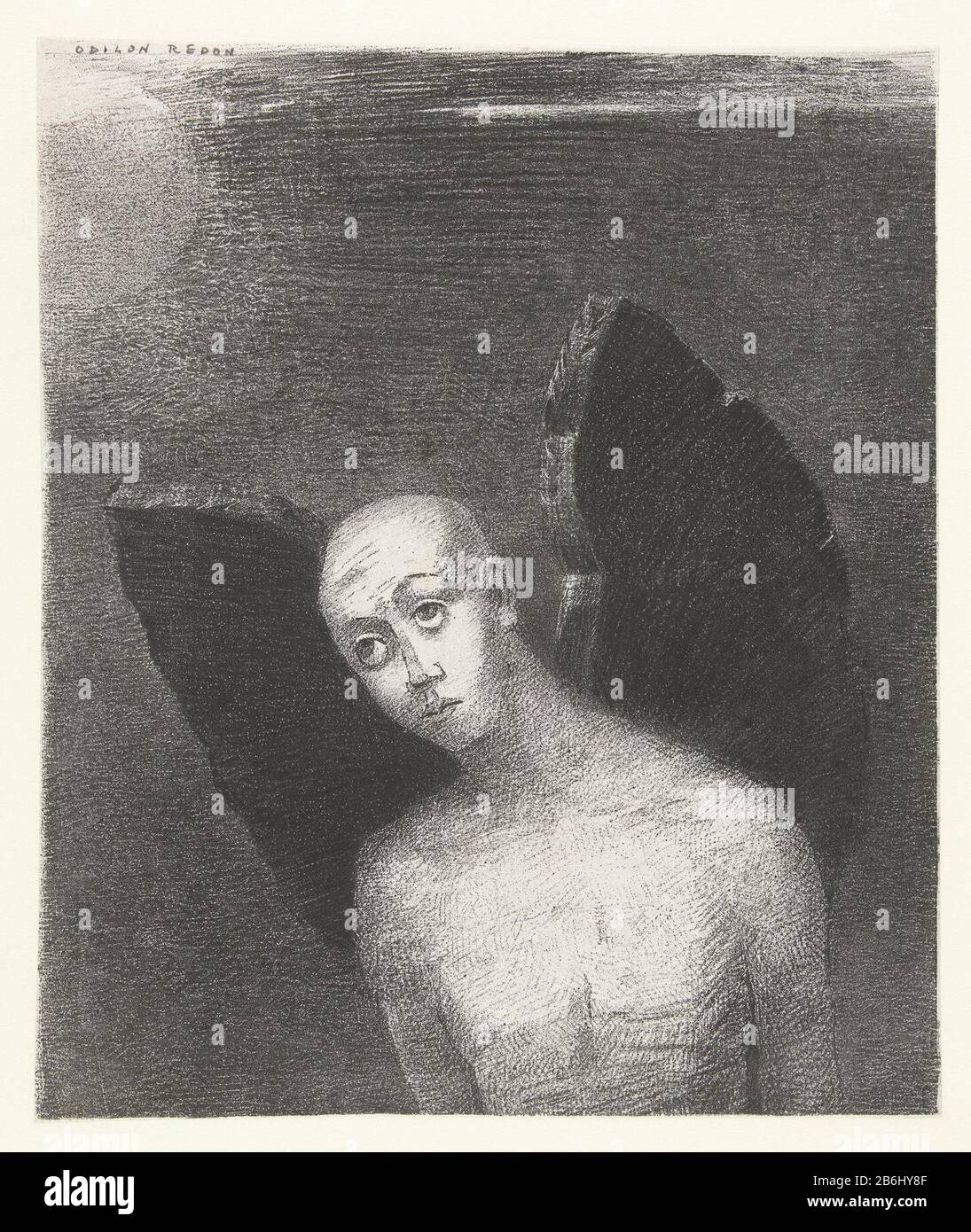 L'angelo caduto salva le sue ali nere l'ange perdu onvrit alors des ailes noires la Nuit (titolo della serie) la Notte (titolo della serie) un angelo con le ali nere, gli occhi rivolti verso l'alto. Stampa una serie di sei, ha fatto un album. Produttore : stampatore: Odilon Redon (edificio elencato) stampante: Lemercier & Cie.verkoper L. Dumont Luogo produzione: Stampatore: Francia Editore: Parigi Venditore: Parigi Data: 1886 caratteristiche Fisiche: Litografia materiale: Tecnica della carta: Litografia (tecnica) dimensioni: Foglio: H 257 mm × W 216 mm Oggetto: Angeli Foto Stock
