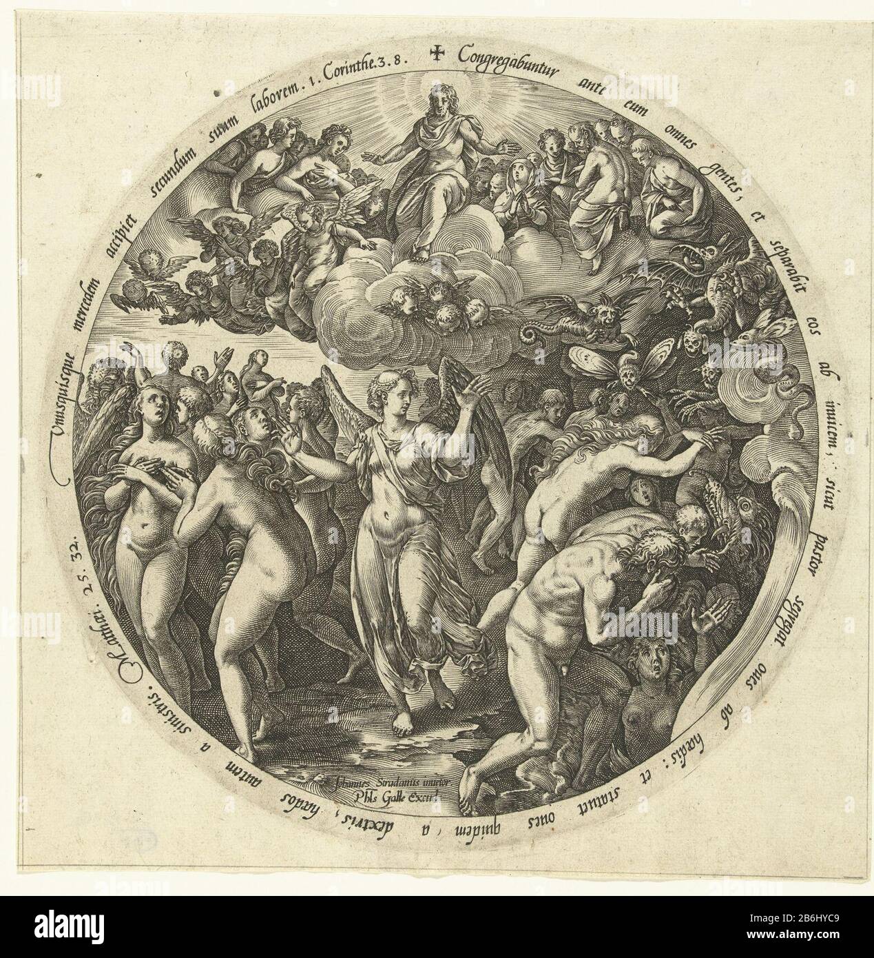 Il beato sia separato dalla maledizione dell'ultimo Giudizio (titolo della serie) rappresentazione rotonda dell'arcangelo Michele che manda le anime dei giusti al cielo e le anime di coloro che hanno vissuto male all'inferno. In cima lo spettacolo Cristo intronì nel cielo circondato da un santo vessato (tra Chi: Maria) e angeli. Mostrare le Scritture in latino. Questa stampa fa parte di una serie di quattro stampe rotonde con le ultime Oordeelscènes. Produttore : printmaker: Hendrick Goltzius to design: Stradanus (listed building) editore: Philip Galle (listed property) Luogo produzione: Printmaker: Haarle Foto Stock