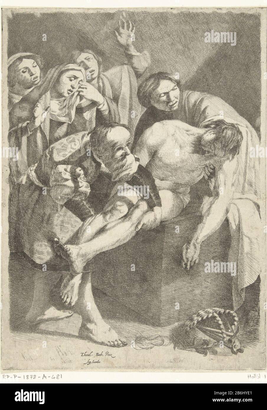 L'Entombment di Cristo Giuseppe di Arimatea e Nicodemo posero il corpo Cristo in un sarcofago di pietra. Dietro di loro c'è Maria con altre due figure a Cristo rouwen. Produttore : stampatore: Dirck van Baburen (attribuito a) alla pittura: Dirck van Baburen (edificio elencato) Datato: 1617 - 1624 caratteristiche Fisiche: Materiale di incisione: Tecnica della carta: Incisione dimensioni: Foglio: H 292 mm × W 214 mmPittura ToelichtingHet Baburen che illustra questo post, situato nel San Pietro in Montorio a Roma Soggetto: Tumulazione di Cristo (forse da angeli) Foto Stock