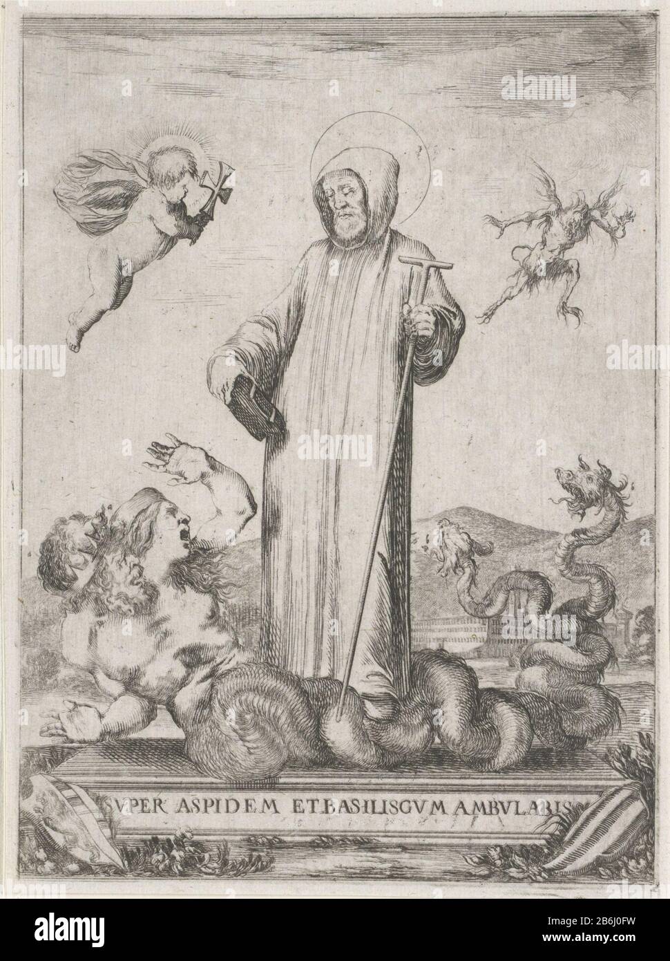 Il campione calpestato di san Giovanni Gualberto Super aspidem et basiliscum ambulabis (oggetto del titolo) vita di San Giovanni Gualberto (titolo della serie) il santo Giovanni Gualberto contenuto con un tau-rod e una bibbia. Con il piede calpesta una mostruosa creatura con due teste umane e una coda con due teste di drago. A sinistra galleggia un angelo con una croce a destra un sabolito stanzone. Produttore : stampatore: Stefano della Bella Datato: 1620 - 1664 caratteristiche Fisiche: Acquaforte materiale: Carta Tecnica: Acquaforte dimensioni: Bordo lastra: H 188 mm × W 140 mmToelichtingPrent da una serie di cinque stampe sulla vita di San Joh Foto Stock