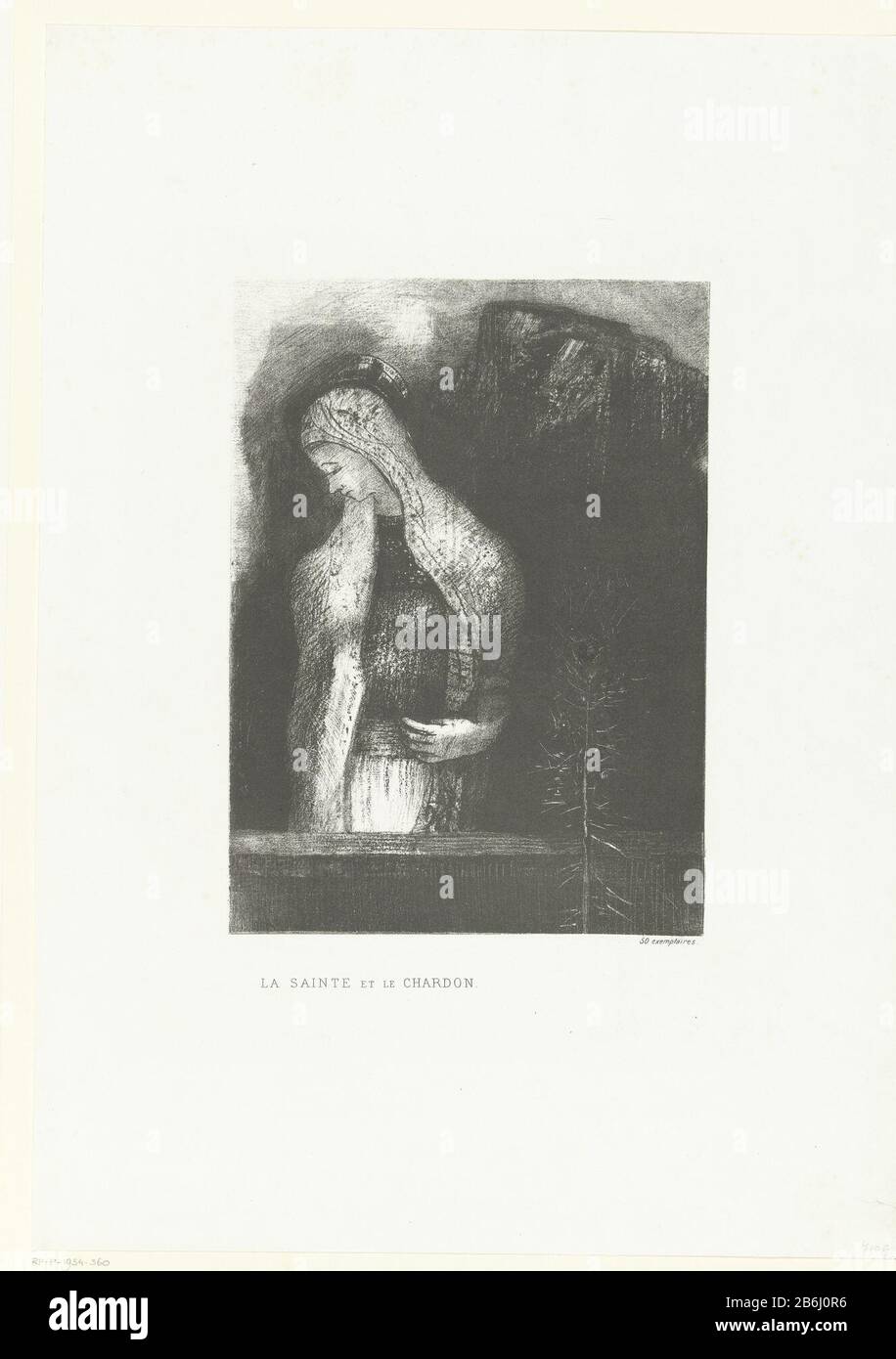 Il sacro e il thistle la Sainte et le Chardon (oggetto del titolo) una Santa donna che si erge dietro un muro, guardando a sinistra. Sulla destra una distel. Produttore prima della parete: Print maker: Odilon Redon Printer: BecquetPlats manufacturing: Print maker: France Publisher: Paris Data: 1891 caratteristiche Fisiche: Litografia, collé di chine Materiale: Chine collé tecnica: Litografia (tecnica) dimensioni: H 287 mm (carta sottile) b × 208 mm (carta sottile) foglio: H 531 mm × W 376 mm Soggetto: Piante ed erbe di santi femminili: Thistle Foto Stock