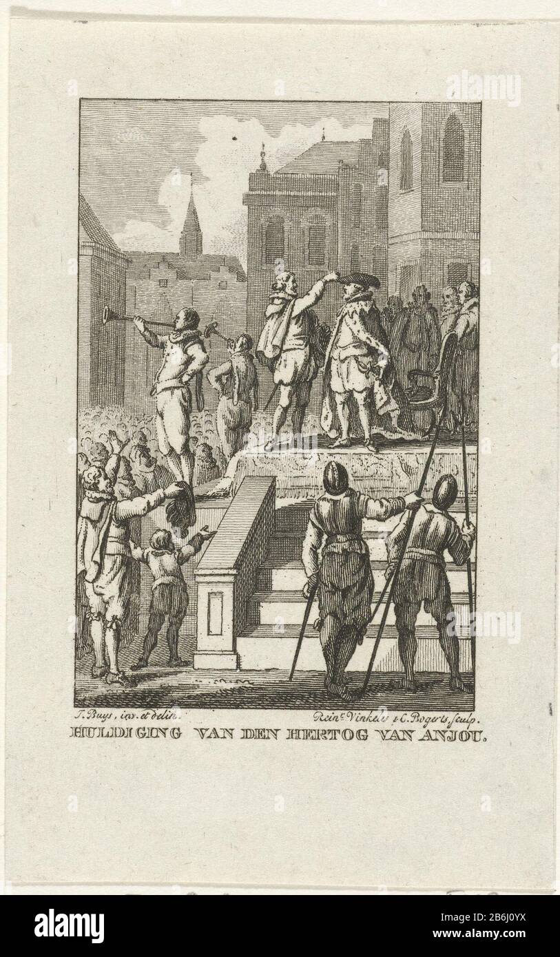 Il Duca d'Angiò onorò Anversa, 1582 Tributo al Duca d'Angiò (oggetto del titolo) Onorando l'Angiò ad Anversa, 19 febbraio 1582; sul palco prende il mantello e il cappello del Duca di Brabante. Produttore : stampatore: Reinier Vinkeles (i) (edificio elencato) stampatore Cornelis Bogerts (indicato sull'oggetto) a disegno di: Jacobus Acquista (indicato sull'oggetto) Luogo di fabbricazione: Paesi Bassi Data: 1780 - 1795 caratteristiche Fisiche: Materiale di incisione: Tecnica della carta: Dimensioni di incisione: Foglio: H 116 mm × b 73 mmToelichtingGebruikt come illustrazione: J. Fokke , La Storia dell'Olanda unita Foto Stock