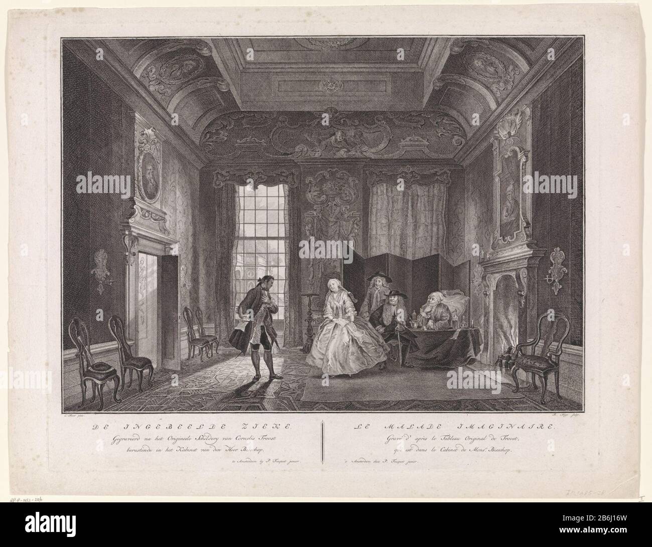 L'Immaginario non valido L'Immaginario non valido (oggetto del titolo) Helena e il suo amante segreto Ferdinando indossano un pastore vicino l'uno all'altro, dove: Nei personaggi esprimono il loro amore l'uno verso l'altro. Siediti al padre di Helena Mans Heart (L'Immaginario non valido), e il suo medico Narticoforus. Dietro il medico è il figlio Bart Rand, per Il Quale: Mans cuore sua figlia ha voluto. Scena dal secondo atto del gioco L'Immaginario non valido da Molière. Produttore : stampatore Robbert Muys (proprietà elencata) a dipingere da Cornelis Troost (edificio elencato) editore: Pierre Fouquet (proprietà elencata) Luogo ma Foto Stock