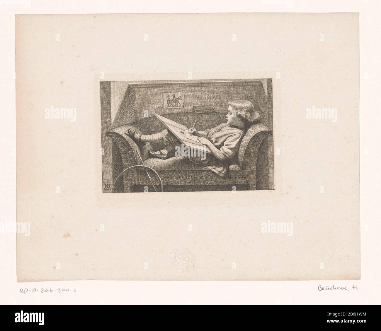 Il piccolo cassetto un bambino tipico sdraiato su un divano. Sul muro una foto o un disegno di un pilota. Contro la banca sono un poliziotto e bastone geleund. Produttore : stampatore Hugo Bürkner (edificio elencato) nel suo disegno: Hugo Brückner Luogo fabbricazione: Germania Data: 1865 caratteristiche Fisiche: Incisione su chine collé Materiale chine collé Tecnica: Incisione dimensioni: Bordo della piastra: H 100 mm × W 155 mmblad: H 202 mm × W 260 mm Oggetto: drawingwraper scudo al lavoro (a casa) (bowling a) bambino e speranza arte Foto Stock