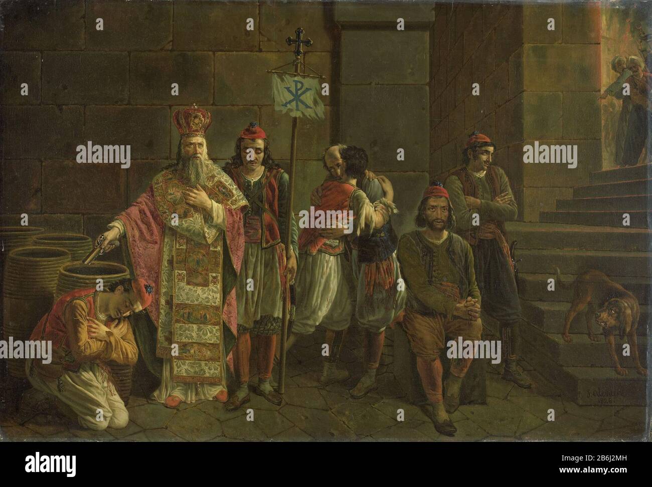 Gli ultimi difensori di Missolonghi, 22 aprile 1826 episodio della guerra di indipendenza greca, SK-A-1093 gli ultimi difensori di Missolonghi, 22 aprile 1826: Episodio della guerra di indipendenza greca. I restanti abitanti della città sono circa se stessi con barili di polvere da sparo per soffiare. Alcuni uomini abbracciano, un sacerdote tiene una pistola ad un barile di polvere da sparo, cane destro. In alto a destra delle scale che si avvicinano al soldaten turco. Produttore : pittore Joseph-Denis Odevaere datazione: 1826 caratteristiche Fisiche: Olio su pannello materiale: Pannello pittura ad olio tecnica: Dimensione della pittura: Media: H 59 cm. B × 86,7 cm. Foto Stock