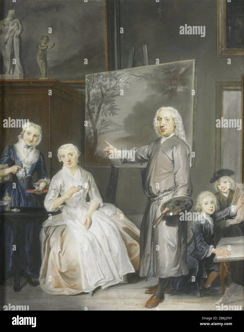 Il pittore paesaggista Dirk Dalens III (1688-1753) e la sua seconda moglie Mary Schaack (morta nel 1766) e i figli Anna (nata nel 1725), William (1737-60) e James (1741-63), SK-A-3745 Ritratto familiare del pittore paesaggista Dirk Dalens III (1688-1753) e la sua seconda moglie Mary Schaack (morta nel 1766). E figli Anna (1725), Guglielmo (1737-60) e Giacomo (1741-63 ). La sinistra dà un servo una tazza di tè. Il pittore si trova al centro con palette e pennelli nella sua mano sinistra e punta a un dipinto di un paesaggio su un asino, a destra vedere due disegni ragazzi. Sulle pareti appendono diversi dipinti, una destra Foto Stock