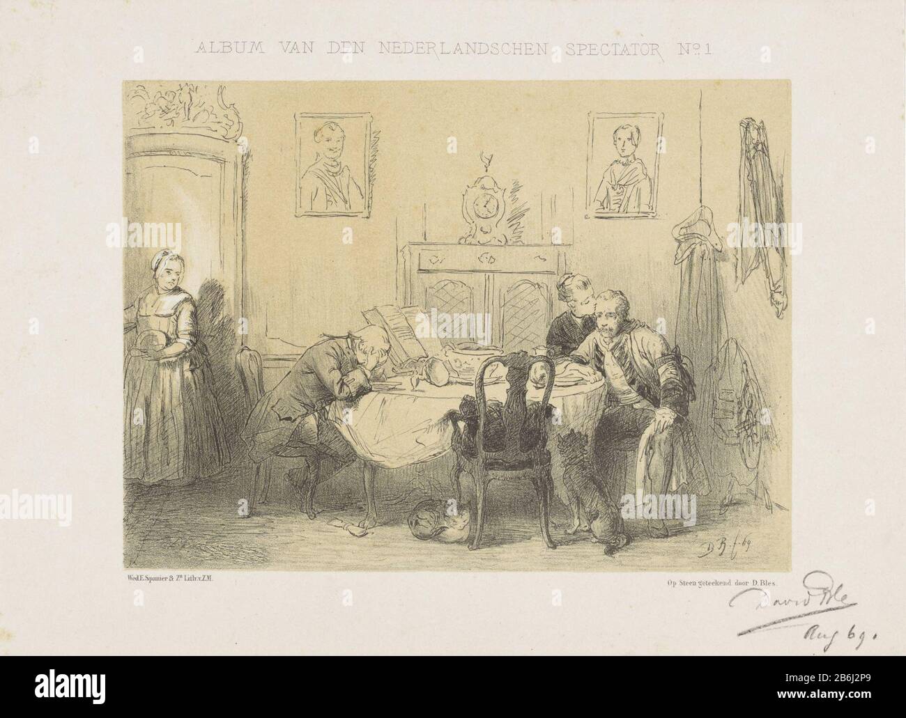 La sedia a membri Album dello spettatore Eng Chen (oggetto titolo serie) una società, mossa dal dolore, seduto al tavolo. L'uomo di destra osa la sedia vuota mentre sua moglie lo bacia. L'uomo dall'altro lato del tavolo ha le mani per il viso. Nella porta sta un servo. Sopra l'immagine è 'Album dei Paesi Bassi Chen Spectator No.1' fabbricante : printmaker David Bles (proprietà elencate) a dipingere di David Blesdrukker: Vedova Elias Spanier & Zn (proprietà elencate) Luogo fabbricazione: Den Haag Data: 1869 caratteristiche Fisiche: Litografia a toni in nero con blocco di tono materiale beige: Foto Stock