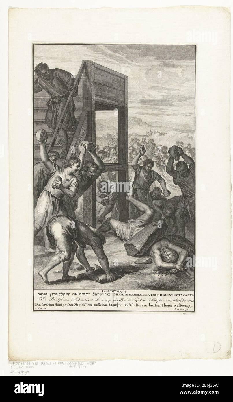 L'uomo che viene lapidato il nome di Dio è bestemmiato l'esercito gesteenigt di Godtslasteraar fuori '(titolo oggetto) un uomo che bestemmiava il nome di Dio con una maledizione, il figlio di Shelomiet è lapidato dagli Israeliti (Levitico 24:10-23). Tra le prestazioni è il titolo in sei talen. Produttore : stampatore: Abraham de Blois (indicato sull'oggetto) a disegno di: Gerard Hoet (i) (mostrato sull'oggetto) editore: Pieter de Hondt Luogo fabbricazione: Stampatore: Amsterdam Editore: Den Haag Datato: 1720 - 1728 caratteristiche Fisiche: Engra materiale: Carta Tecnica: Engra (processo di stampa) Misure: P Foto Stock