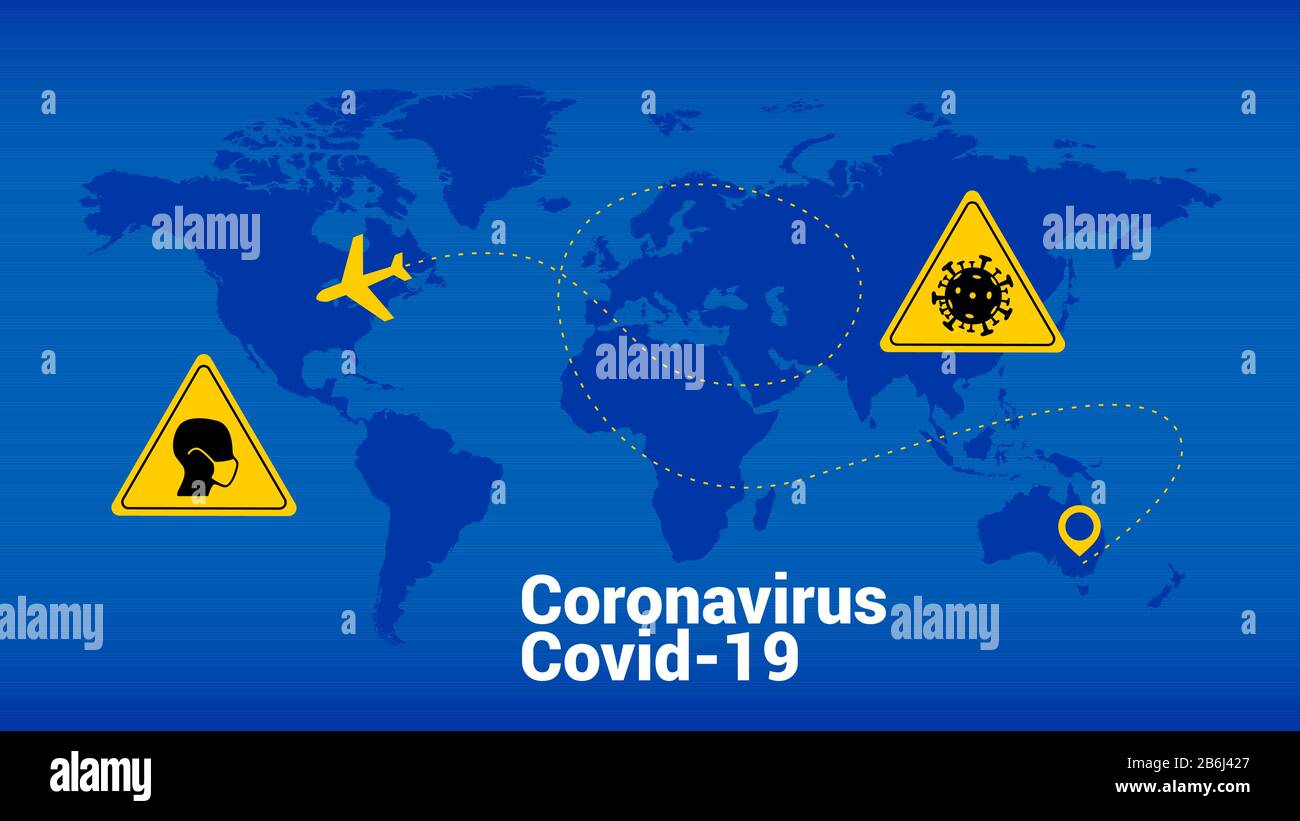 Mappa del mondo vettoriale del coronavirus. Simbolo del virus corona. Pittogramma di istruzione. Illustrazione microbo. Segni di covid-19. Batteri ncov-19. Infezione da virus. Illustrazione Vettoriale