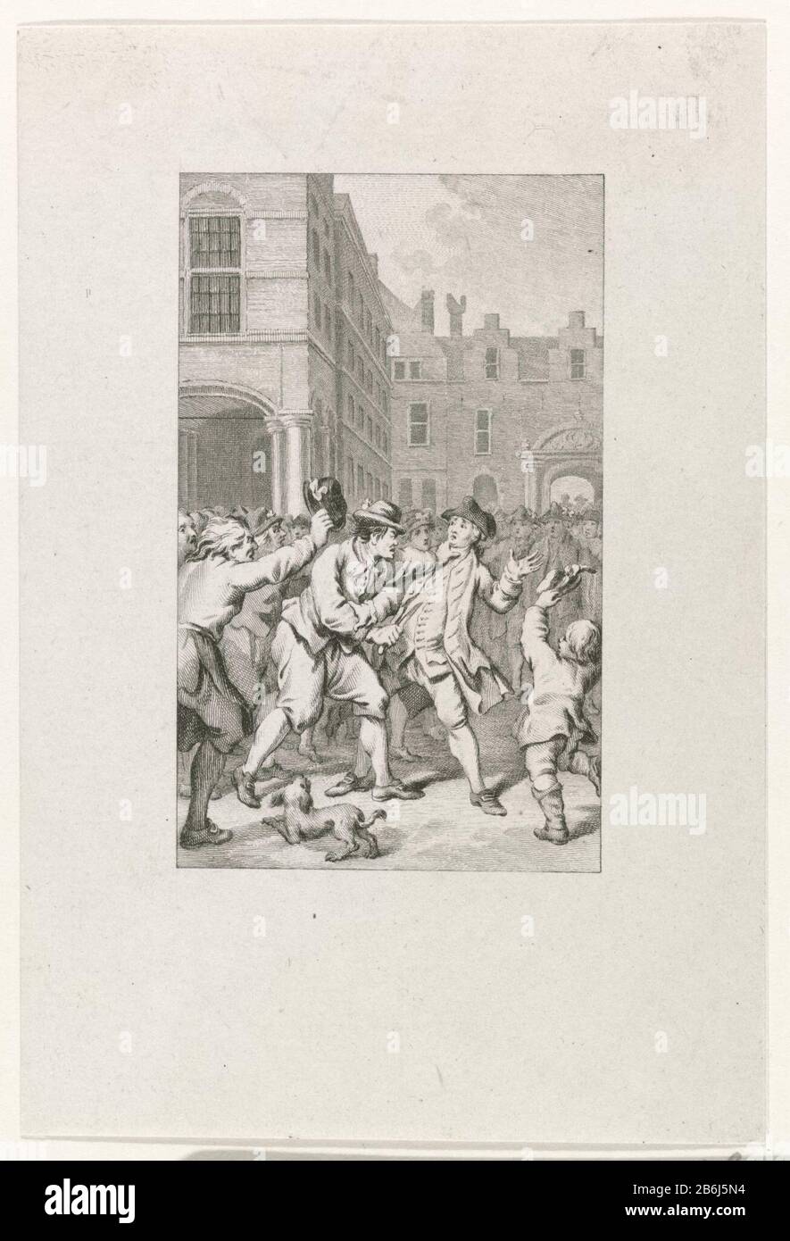 In pericolo il pensionato di Dordrecht, 1747 il cortile è minacciato da una arrabbiata clienti Orange perché ha promesso più lavoro sull'elevazione del principe Guglielmo IV a stadholder ereditario, 1747. Produttore il pensionato di Dordrecht: Stampatore: Reinier Vinkeles (i) al disegno: Jacobus Acquista Luogo fabbricazione: Paesi Bassi del Nord Data: 1782 - 1784 caratteristiche Fisiche: Incisione ed engra materiale: Carta Tecnica: Incisione / engra (processo di stampa) Misure: Foglio: H 150 mm × W 100 mmToelichtingGebruikt come illustrazione in: De vryheid. I giovani olandesi. Amsterdam: Johannes Allar Foto Stock