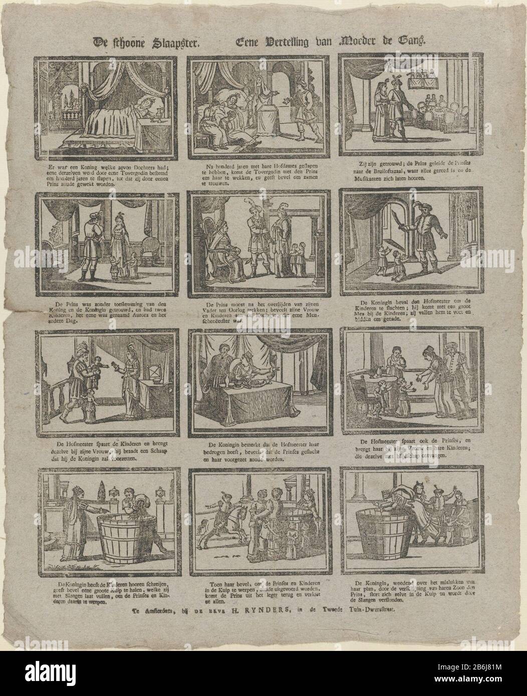 La bella Sleeper Eene storia di Madre Goose (oggetto titolo) foglia con 12 scene dalla fiaba di Sleeping Beauty e la sua common-law la regina. La regina cerca di uccidere la principessa e i suoi figli. Sotto ogni esecuzione un onderschrift. Produttore : editore: Preserve H. Rynders (listed building) printmaker: Anonymous place manufacturing: Publisher: Amsterdam Print autore: Netherlands Data: 1831 - 1854 caratteristiche Fisiche: Legno tagliato e testo materiale di stampa: Carta Tecnica: Legno / formati di stampa: Foglia: H 411 mm × W 330 mm Oggetto: Racconti e favole: Sleeping Beauty Foto Stock