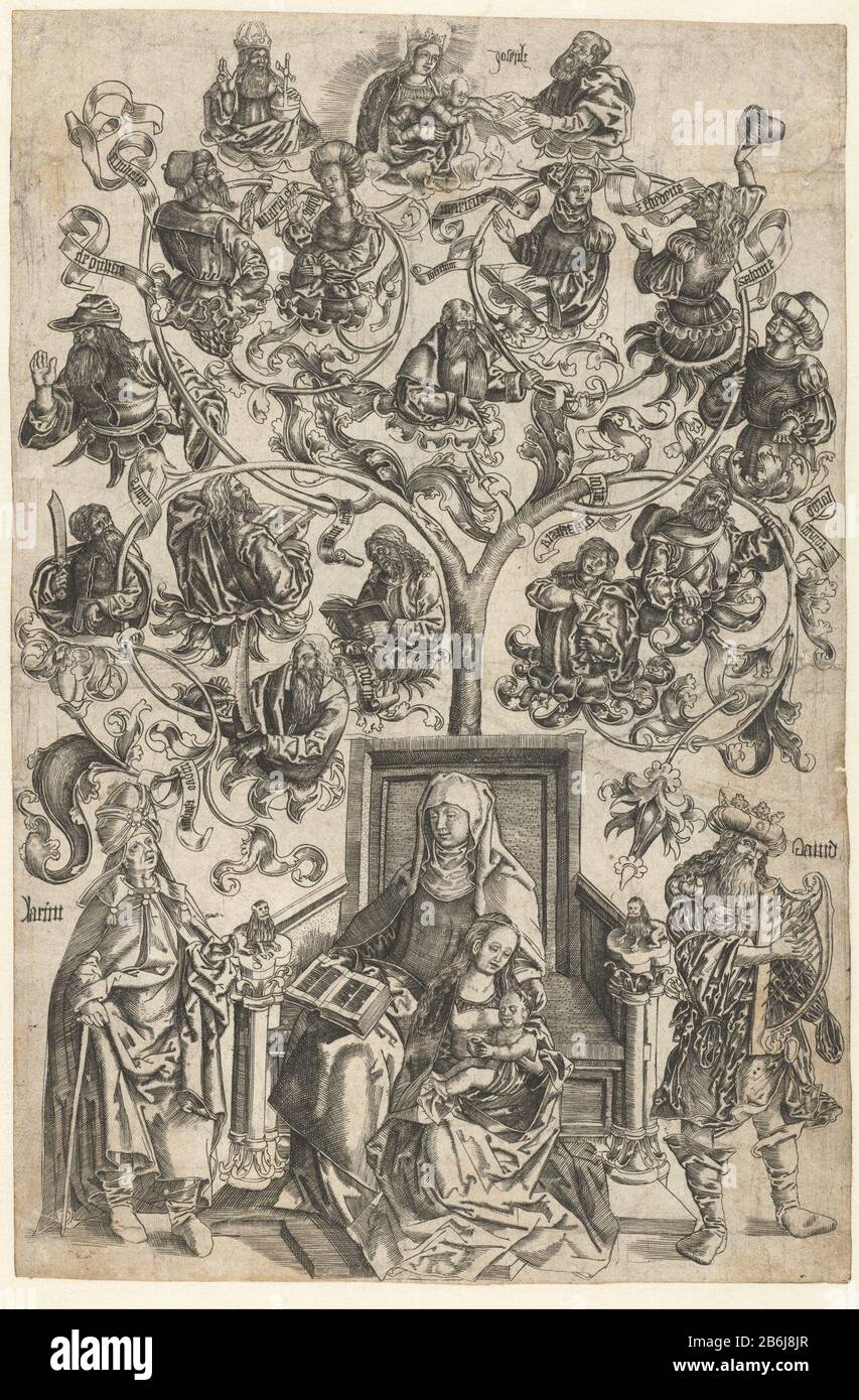 Il pedigree di Maria Anna Maria e di Cristo bambino al suo giro. Dietro il sedile sta sparando l'albero della famiglia. Due figure accanto al trono, Dove: Sotto il re Davide con arpa. Produttore : stampatore: Anonimamente da stampare da: Master W con la chiave posizione prodotto: I Paesi Bassi Data: 1500 - 1550 Materiale: Carta Tecnica: Engra (processo di stampa) Misure: Foglio: H 261 mm × b 173 mmToelichtingKopie of Lehrs 24. Vedere anche Hollstein 24. Oggetto: Famiglia lignaggio, pedigree, albero genealogico o tabella 'Anna selbdritt ', vale a dire Anna, Maria e Cristo-bambino chiudono insieme albero di Jesse: Genealogico tr Foto Stock