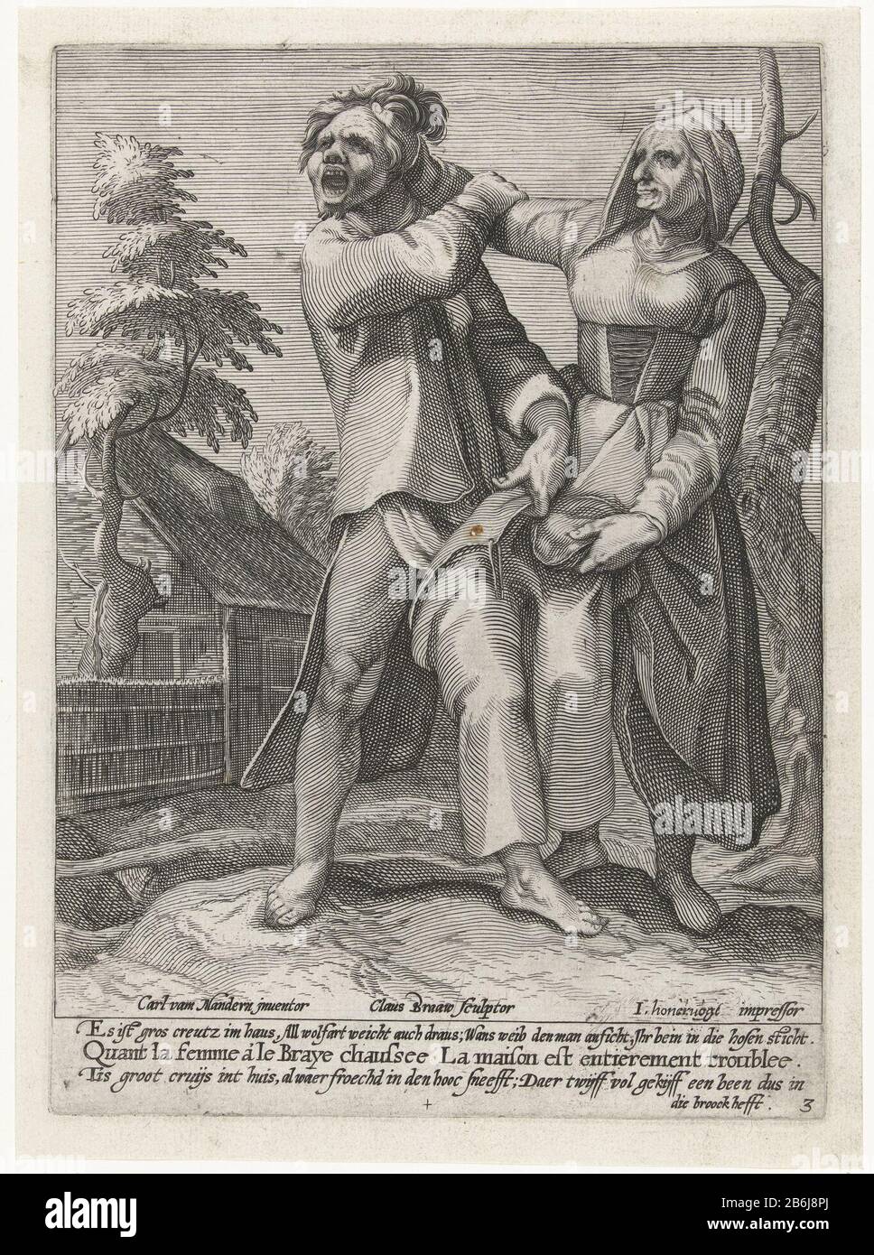 La battaglia per i proverbi pantano Quattro (titolo della serie) rappresentazione Simbolica del conflitto nel matrimonio. Una donna tira parzialmente i pantaloni di suo marito e lo tira dai capelli. Con tre linee di firma in tedesco, francese e olandese: Tis grande Cruijs int casa, anche se il cameriere froechd in HOOC smeest; Daer twijff vol gekijff una gamba in modo che in questo broock hefft. Produttore : produttore di stampa: Nicolaas Braeu (indicato sull'oggetto) ad un disegno da: Karel van Mander (i) (indicato sull'oggetto) Editore: Jacques Honervogt (i) (indicato sull'oggetto) fabbricazione del luogo: Stampatore: Haarlem al disegno: Haarlem Foto Stock