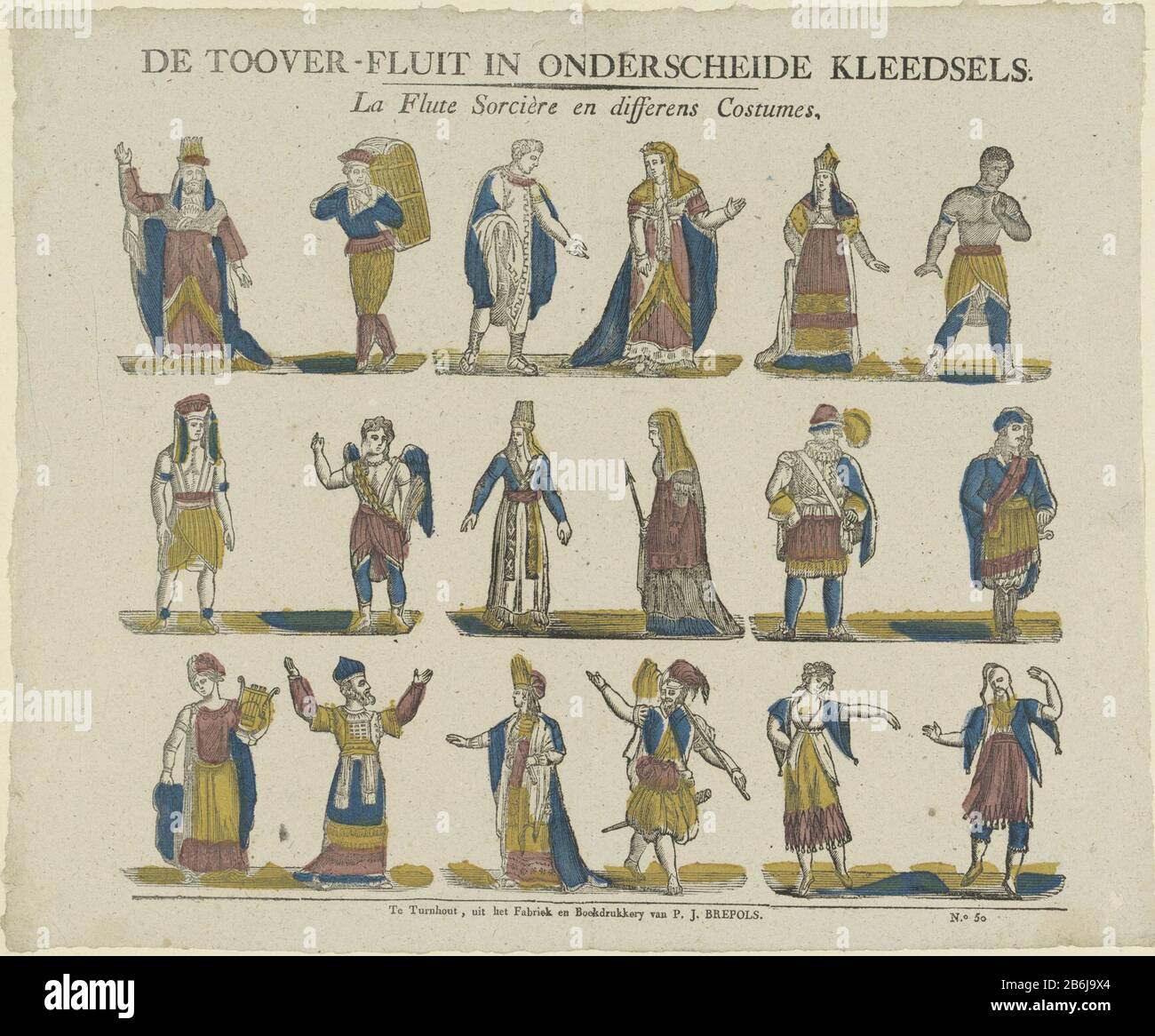 Foglia con tre righe orizzontali ciascuna con sei caratteri dell'opera il flauto magico (Flauto magico) in una riga. Numerato in basso a destra: N. 50. Produttore : editore: Philippus Jacobus Brepols (edificio elencato) printmaker: Anonymous Place manufacturing Turnhout dating: 1800 - 1833 caratteristiche Fisiche: Legno colorato in rosso, blu e giallo; testo materiale di stampa: Carta Tecnica: Legno / colori / formati di stampa: Foglio: H 326 mm × W 401 mm Oggetto: cantante d'opera (maschile) cantante d'opera (femminile) costume da palcoscenico Foto Stock