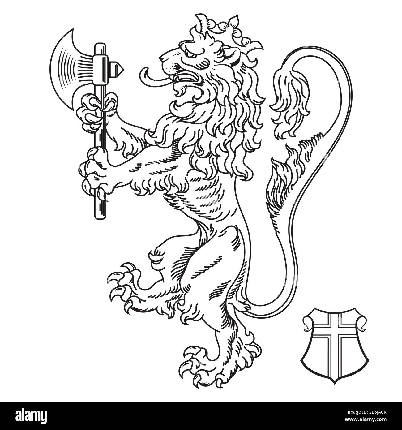 Uno stemma araldico medievale, leone araldico, silhouette di leone araldico, leone coronato che tiene un'ascia nelle zampe anteriori Illustrazione Vettoriale