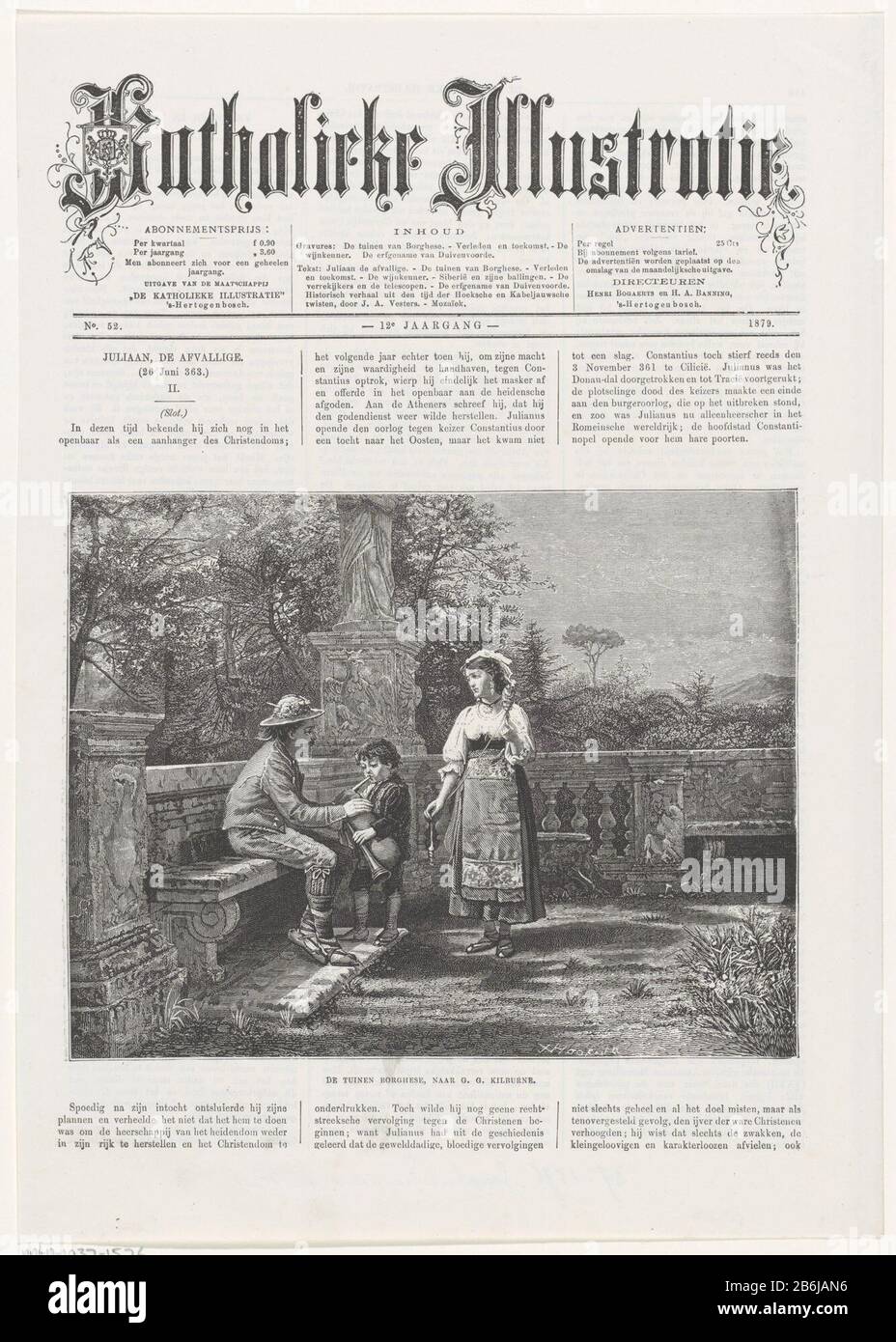 I giardini Borghese (oggetto del titolo) un uomo in un cappello seduto su un divano e insegna a un ragazzo di giocare uno strumento di vento. In più, una ragazza con un alberino di goccia. Nella statua di fondo su una balaustra ornata. Produttore : stampatore: Josephus Franciscus van Hoof (proprietà in elenco) a dipingere di George Goodwin Kilburne (proprietà in elenco) Luogo produzione: Paesi Bassi Data: 1879 caratteristiche Fisiche: Legno auto e testo materiale di stampa: Carta tecnica: Legno engra / formati di stampa: Foglio: H 367 mm × W 259 mmToelichtingPrent da: L'illustrazione cattolica. 1879. Oggetto: Strumento eolico Garde spindl Foto Stock