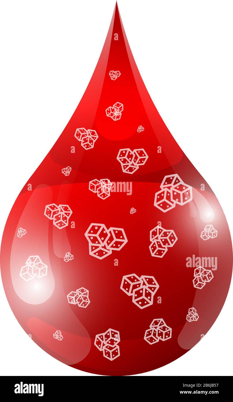 Gocce di sangue 3d realistiche con pezzi di zucchero all'interno. Test del concetto di glucosio nel sangue diabetico. Giornata mondiale del diabete. Illustrazione del vettore Illustrazione Vettoriale