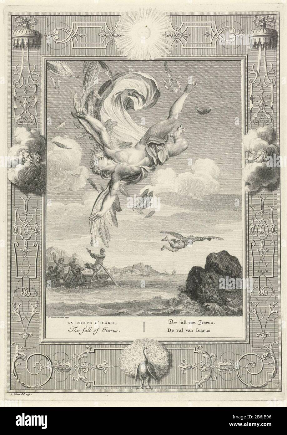 La Caduta di Icarus Icarus e suo padre Daedalus che fuggono da Creta. Ma Icarus volando troppo vicino al sole, Dove: Fondendo la cera delle sue ali, le ali si lasciano andare, e si schianta nel mare. A margine del titolo in francese, inglese, tedesco e olandese. Lo spettacolo è decorato con rand ornamentale. Produttore : stampatore: Bernard Picart (studio) per disegnare: Bernard Picart (edificio elencato) nella sua bozza: Bernard Picart (proprietà elencata) Luogo di produzione: Amsterdam Data: 1730 / o 1731 caratteristiche Fisiche: Incisione e engra materiale: Carta Tecnica: Incisione / engra (stampa Foto Stock