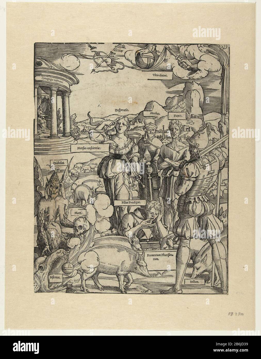 Il figlio prodigo mangia il maiale attraverso Allegoria del figlio prodigo (titolo della serie) Una serie di sei. Figlio (Filius prodigus) mangiare con i maiali in una valle, questo stato: Fermento dei farisei (Fermentum Pharisaeorum). Intorno a lui sono La Bocca dell'Inferno (Infernus), Morte (Morse), Diabolus (Diabolus), disperazione (disperazione) morso dalla coscienza (Morsus Conscientia) Malattia (Morbus), Superiore (fames) e Bellum (Guerra). Nel cielo una nuvola Dove: Balbare di due mani, una sfera, una frusta. Simboleggiano la punizione di Dio (Ultio divina). In campagna, la sinagoga del diavolo (Sinagoga Sahana) . Manufa Foto Stock