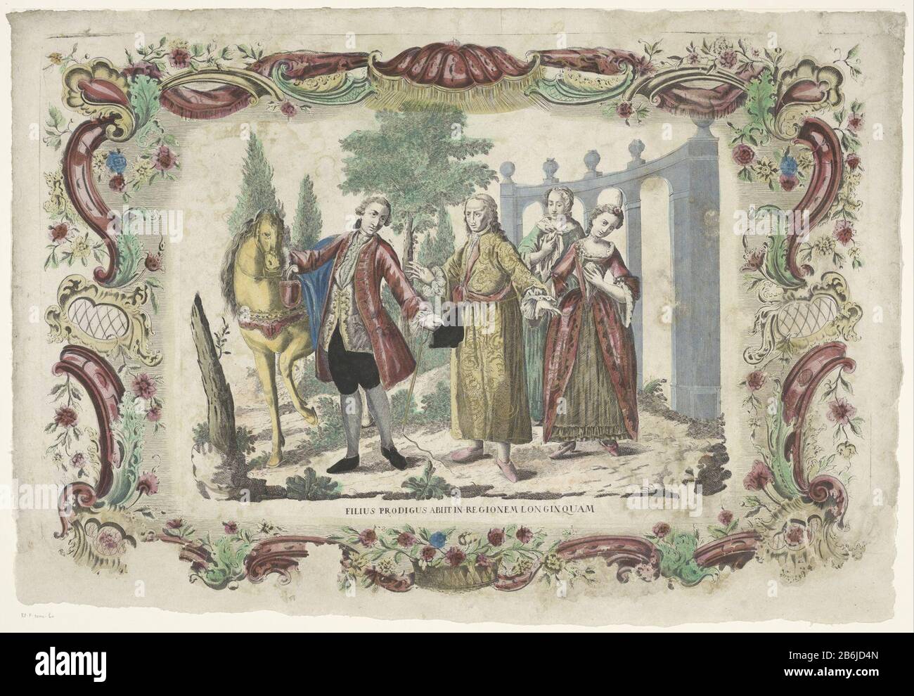 Il figlio prodigo dice addio al padre Filius prodigus abiit in regionem longinquam (oggetto titolo) il figlio prodigo lascia a casa. Lasciò il figlio prodigo che salutò suo padre, che è al centro con braccia tese in accappatoio. Destra due Signore mano che preme sul cuore. Le figure sono vestite di vestiti 18th secolo. Titolo in esecuzione. La scena viene catturata in un ornamentee. Produttore : stampatore Giovanni Volpato (possibile) editore: Famiglia RemondiniPlats fabbricante: Stampatore: Italia Editore: Bassano del Grappa datazione: 1700 - 1799 caratteristiche Fisiche: Acquaforte e Foto Stock