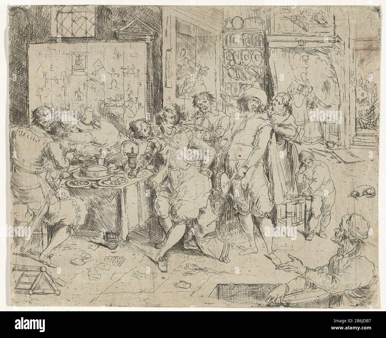 Il figlio prodigo sperperò la sua eredità Il Figlio prodigo seduto con prostitute a un tavolo in una taverna e guardando i musicisti suonare i loro strumenti. Il tavolo è pieno di cibo e bevande al piano speelkaarten. Produttore : stampatore: Frans Francken (III) al disegno: Frans Francken (II) Datato: 1617 - 1667 caratteristiche Fisiche: Incisione; materiale di prova: Tecnica della carta: Incisione dimensioni: Foglio: H 145 mm × W 177 mmToelichtingLatere stato è nel British Museum. Questo stato ha lavorato con il burin e firmato. RPK nel disegno, pittura a Linz, Oostenrijk. Oggetto: Il prodigo s Foto Stock